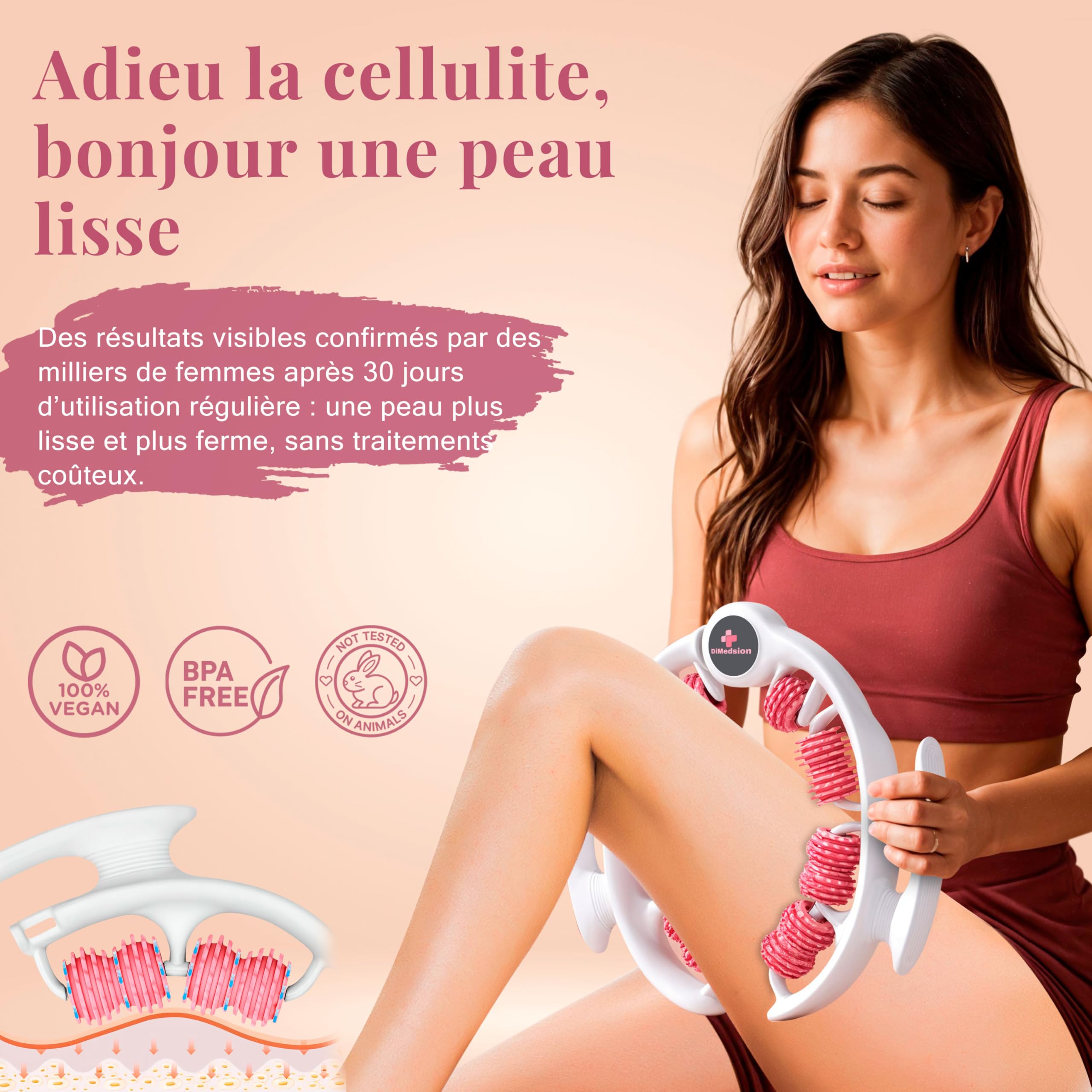 Masseur anti cellulite avec 14 roulettes pour drainage lymphatique des jambes, cuisses et fesses, rouleau de massage anticellulite pour stimuler la circulation et réduire l’aspect cellulite