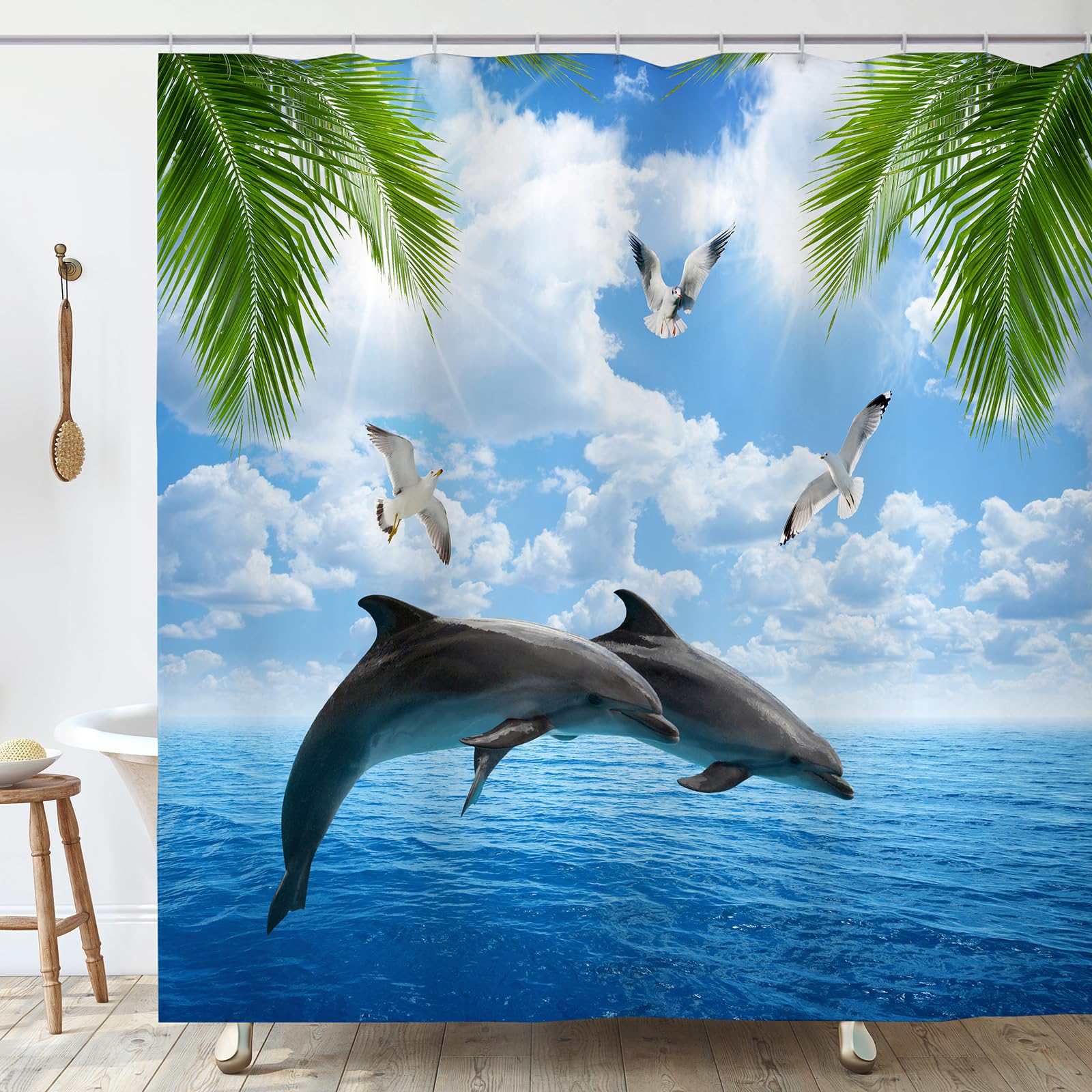 OCEUMACO Dolphin Shower Curtain Anti Mould Proof Resistant Extra Long 200cmx200cm Drop Blue Ocean Sea Bath Shower Curtains for Bathroom Wet Room with Hooks Waterproof Washable Fabric - A9