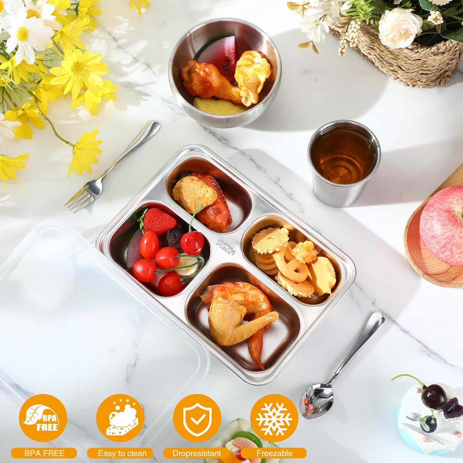 Jinei 20 Pcs Stainless Steel Dishes Set 4 Stainless Steel Plates, 4 Bowls, 4 Cups, 4 Spoons, 4 Forks, Dishwasher Safe, Durable Dining Set for Home Travel Camping (Fine)