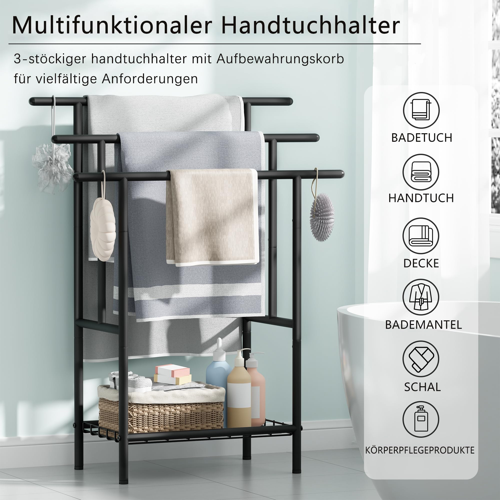 BEWISHOME Handtuchständer,Handtuchhalter stehend mit 3 Handtuchstangen,Handtuchleiter,Badetuchhalter mit Ablagen und verstellbaren Füßen,für Badetücher Handtücher Decken,Schwarz EJMJ02B