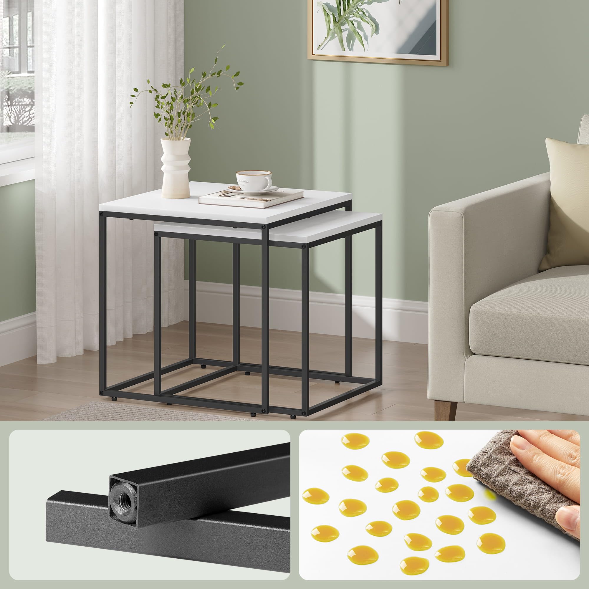 Couchtisch quadratisch 2er Set für Wohnzimmer – Beistelltische im Loft-Design, ineinander schiebbar, Sofatische aus Holzwerkstoff und Stahl, modern, platzsparend (Weiß)