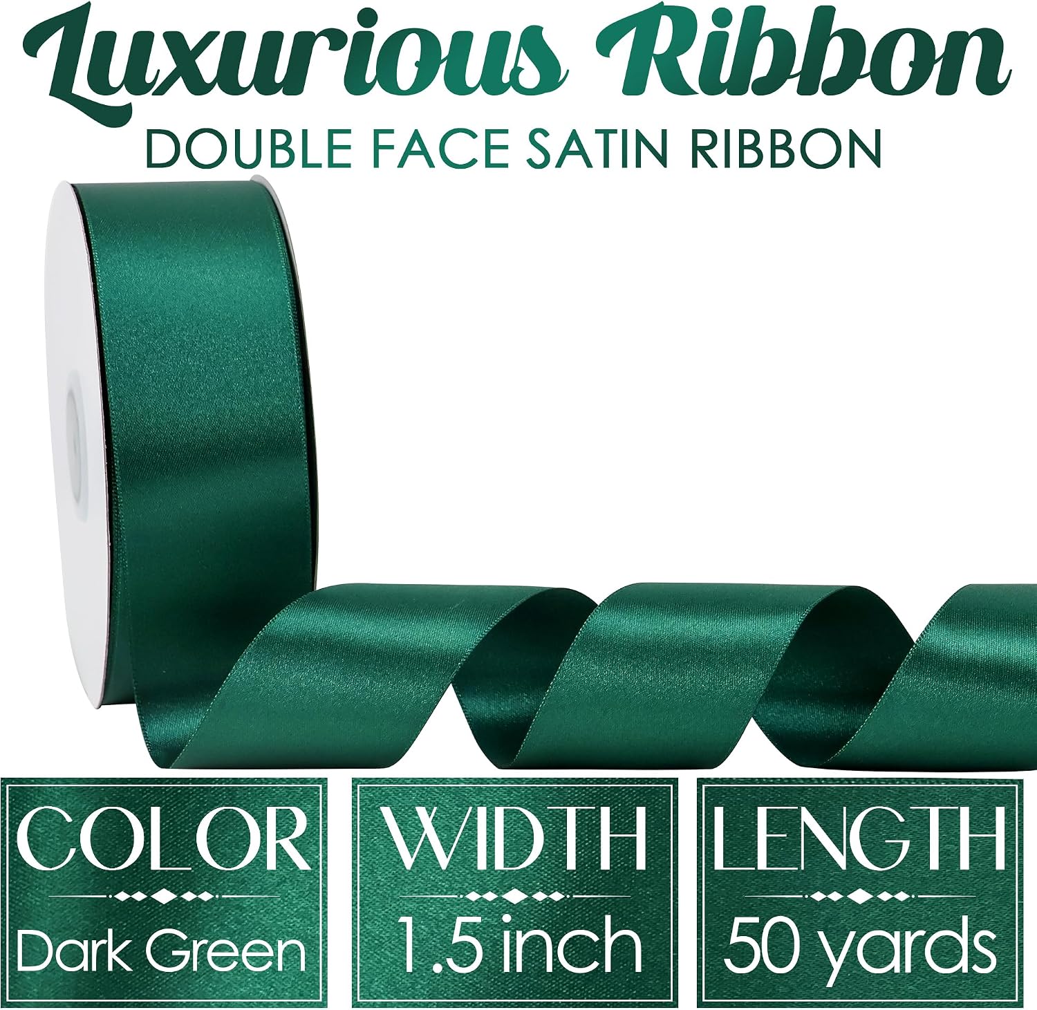 MEEDEE Dark Green Satin Ribbon - 1-1/2 inch Double Faced, Perfect for Christmas Tree, Wreaths, Weddings, Flower Bouquets