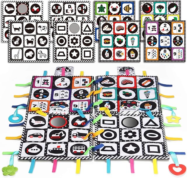 teytoy Black and White Baby Toys, High Contrast Baby Tummy Time Square Mats -Interactive Baby Activity Mats, Double Sided & Soft Crinkle Toys Early Educational Toys for Newborn Baby (4 packs)
