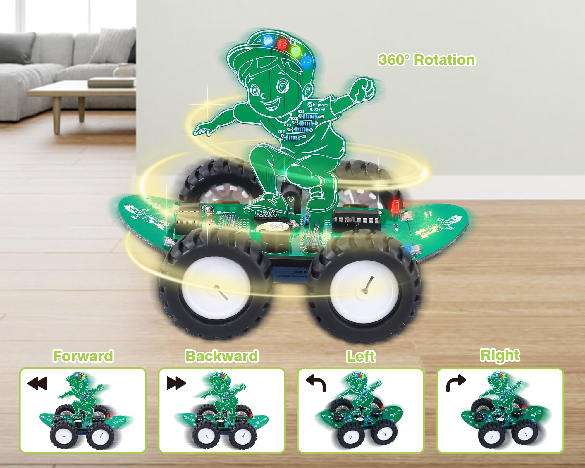 MiOYOOW DIY 360deg Rotating RC Car Kit, 5 Speed Rechargeable Remote Control Soldering Practice Kit, STEM Electronic Learning Projects Outdoor Skateboard Smart Car Toy for 15+ Years Old Presents - Image 5