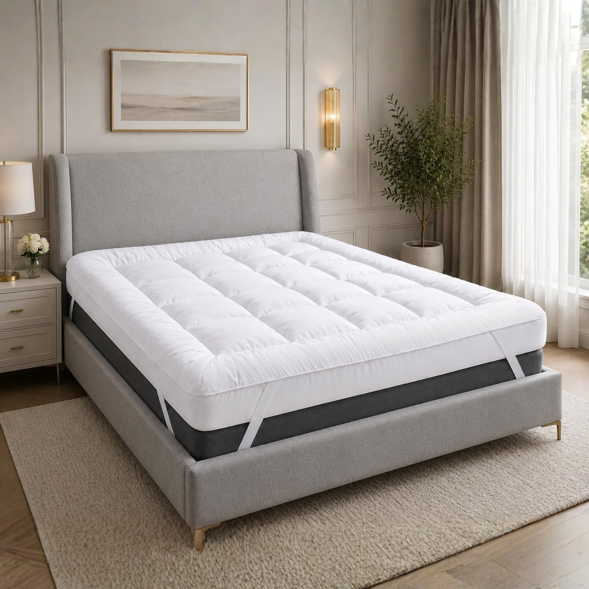 Mattress Topper 10cm (4-Inch) Extra Thick Double Bed - Box Stitched Microfibre Quilted Mattress Topper & Hollowfibre Fill - Easy Fit Straps & 1100GSM - Breathable & Hotel Quality (Double, 137x190cm)
