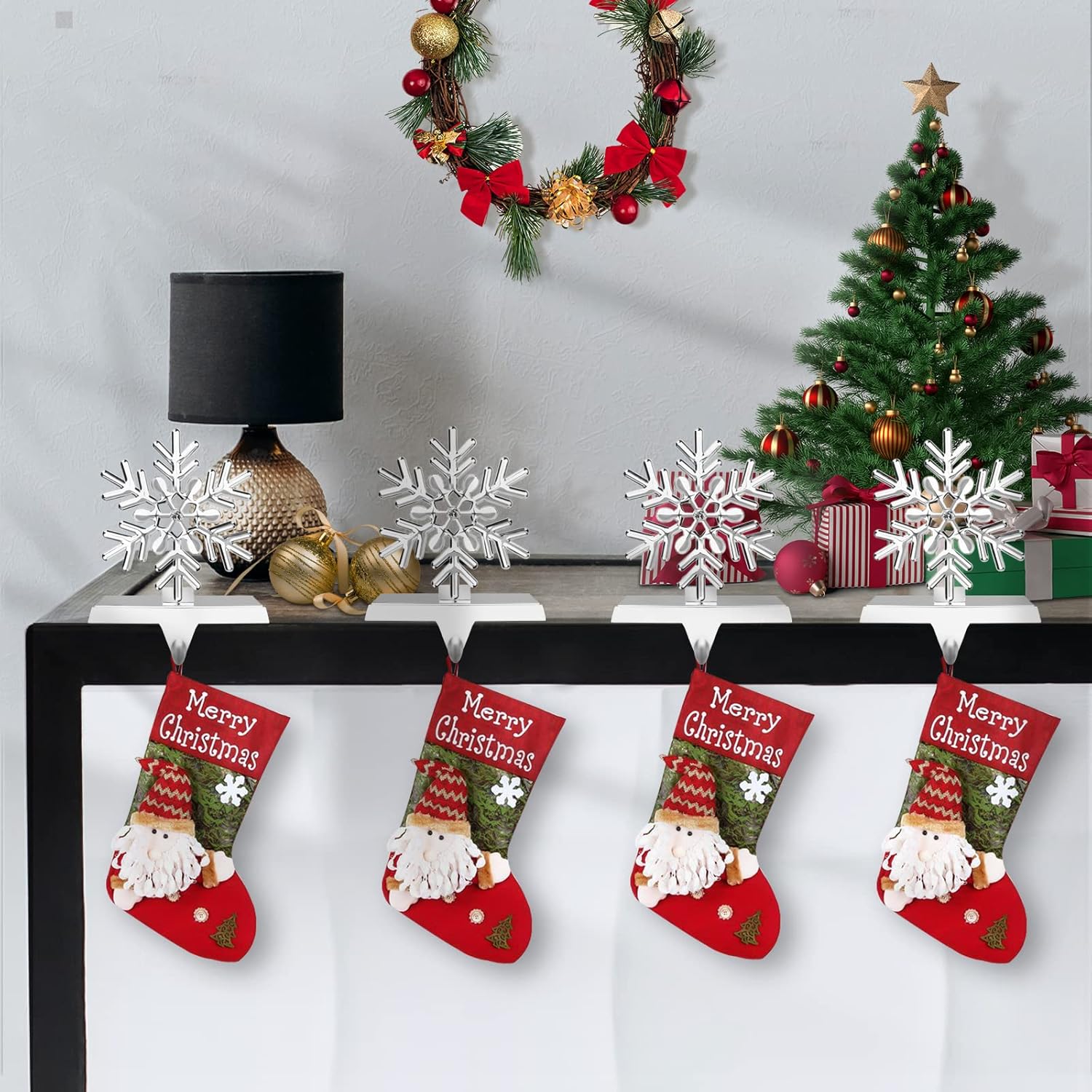 Snowflake Christmas Stocking Holder Set for Mantle -Set of 4 - Christmas Decorations - Holiday Mantle Fireplace Topper - Xmas Decorative Metal Hanger for Stockings - Home Décor Stand