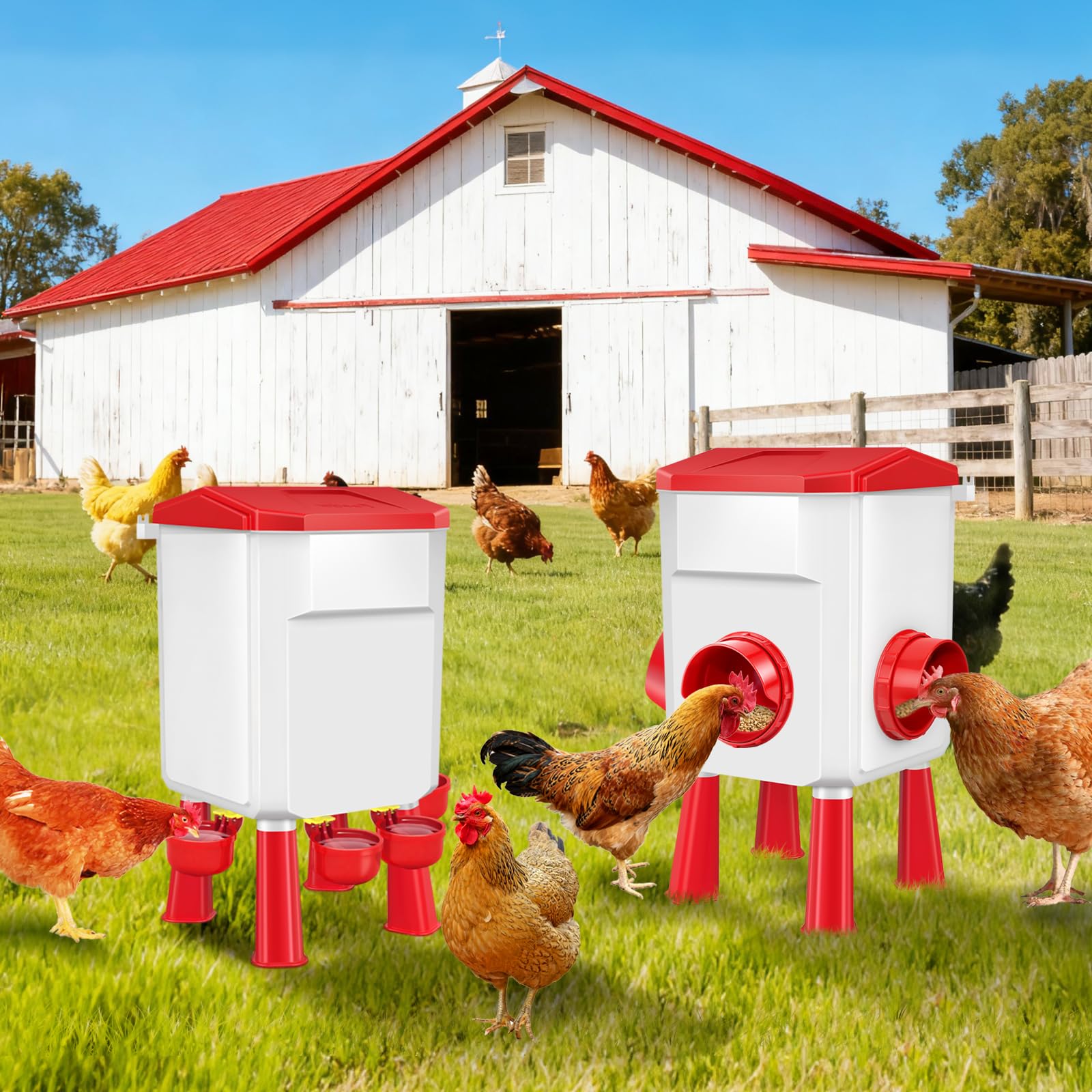 Hühnerfutterstation und Tränke Set 3 Gallon/12.0 kg, Automatischer Küken-Futterspender und Tränken Set Kein Abfall, Geflügel-Futterspender Groß für Hühner/Enten/Geflügel