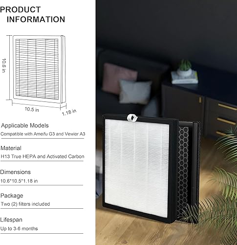 Miniatura 3 de Paquete de 2 filtros de repuesto de olores G3 A3, compatible con AMEEU G3 (Sferf-30) y VEWIOR A3 A3N purificador de aire y Tailulu HQZZ-260 para