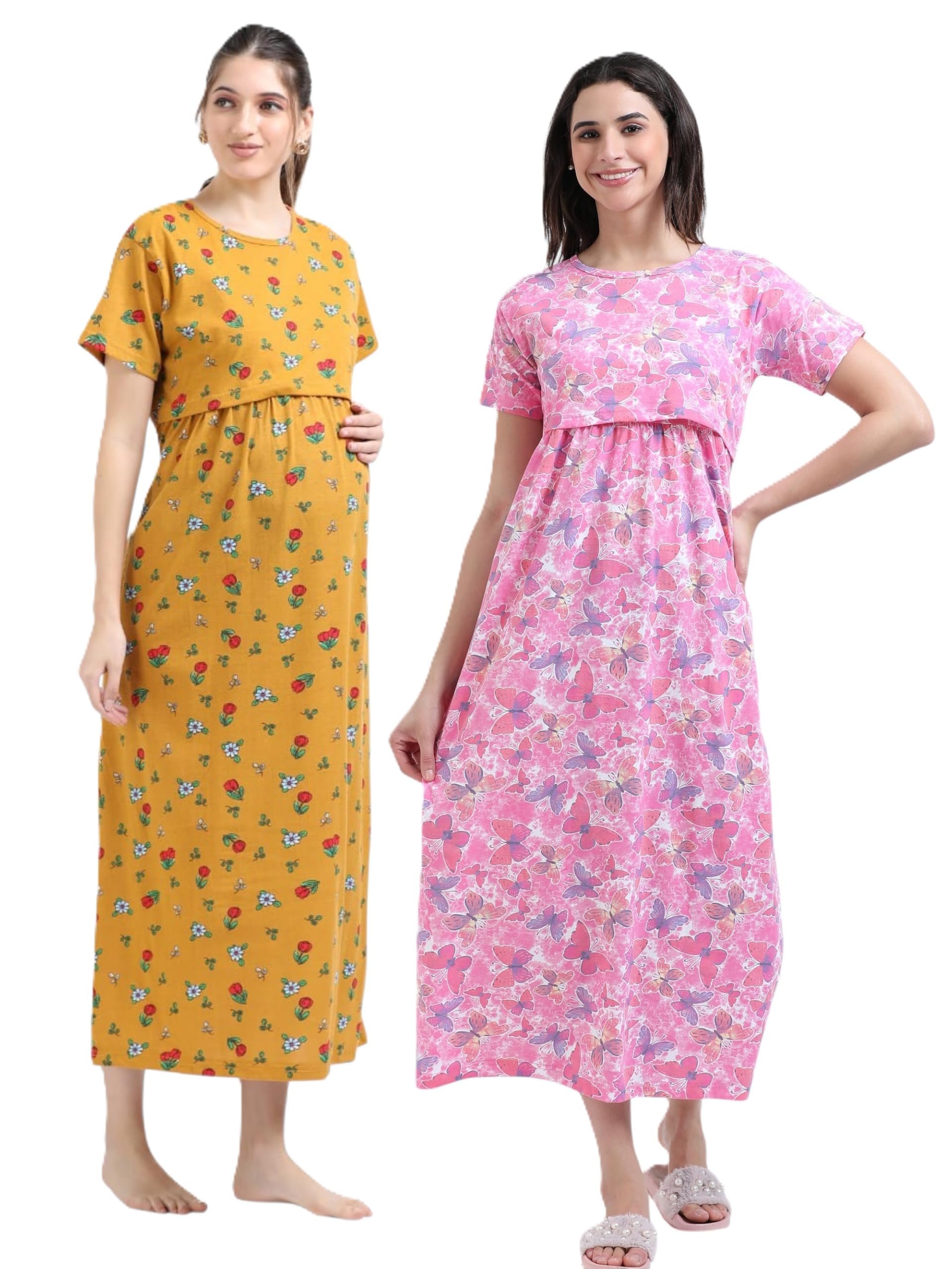 Women Maternity Zipless Feeding Nighty Front Access Nightwear, Soft & Comfortable Fabric, Relaxed Fit | Colour - Butterfly-FB-XXL-image-41
