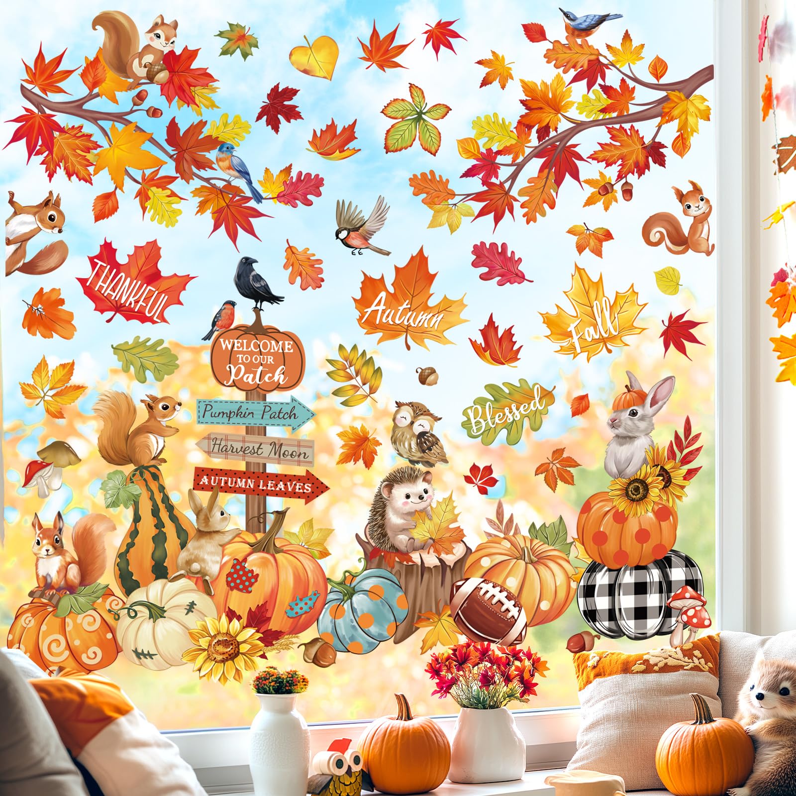wondever Fall Pumpkin Leaves Window Clings Thanksgiving Autumn Harvest Maple Leaves Animals Glass Sticker Decal Anti Collision Double-Side Static Window Stickers for Home Glass Window - Image 3
