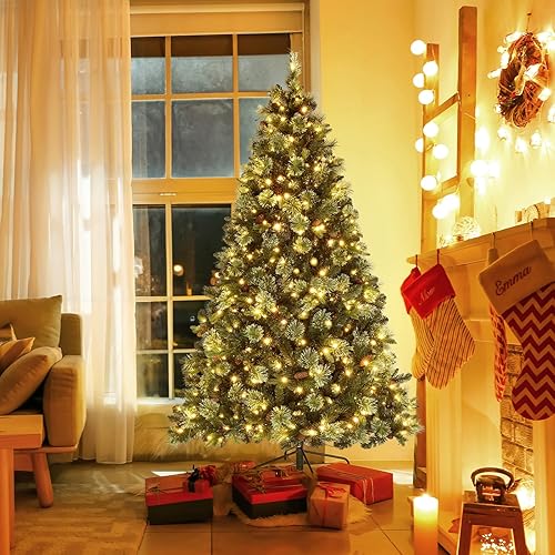 Miniatura 3 de VINGLI Árbol de Navidad artificial preiluminado de 6 pies con 500 luces LED, piñas, árbol de pino de Navidad con 900 puntas de ramas realistas de
