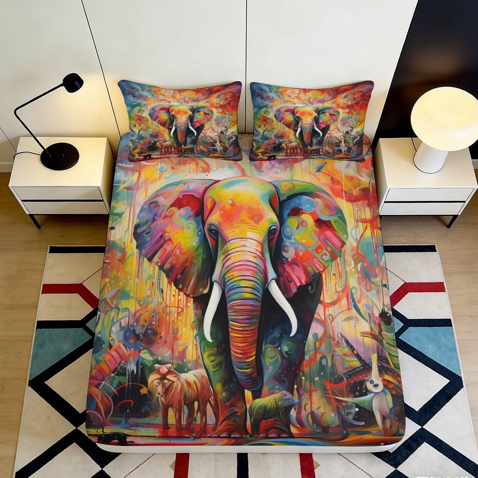 3D Printed Colorful Elephant Fitted Sheet Microfiber Soft Artistic Wild Animal Bed Cover for Bedroom Dorm Decor 90x200x25cm
