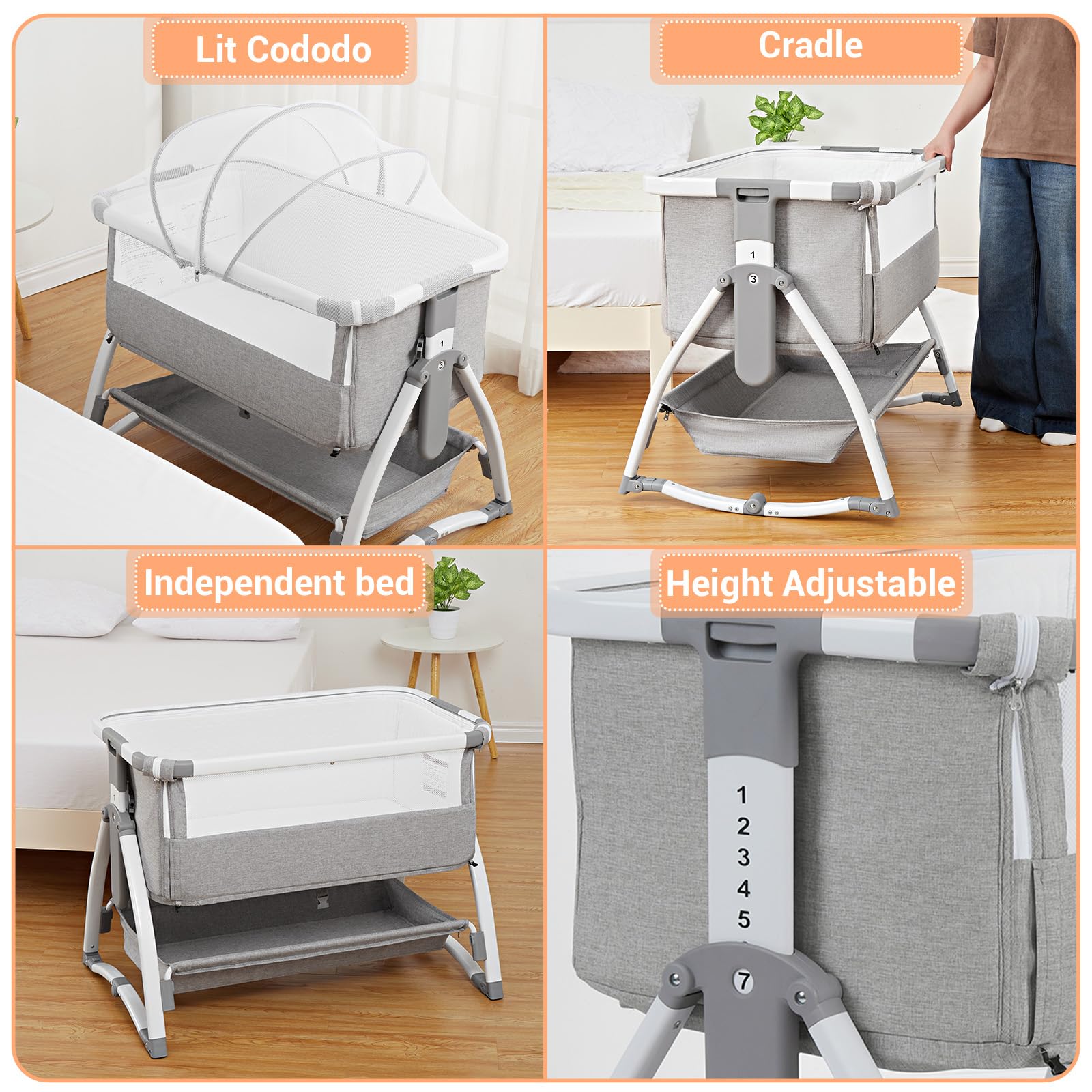 Lit Bébé Évolutif 3 en 1 Convertible Cododo avec Moustiquaire, Matelas, Bascule, 7 Hauteurs Réglables, 0-36 Mois