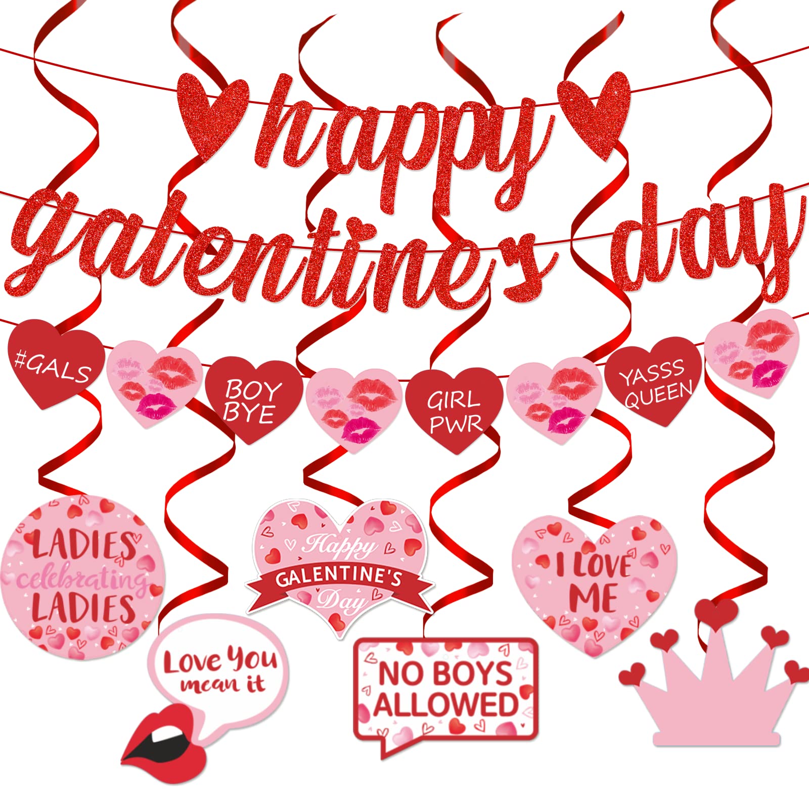 UPINLOOK Happy Galentines Day Banner – Rot-rosa Glitzer Herz Dekoration Für Valentinstag Party