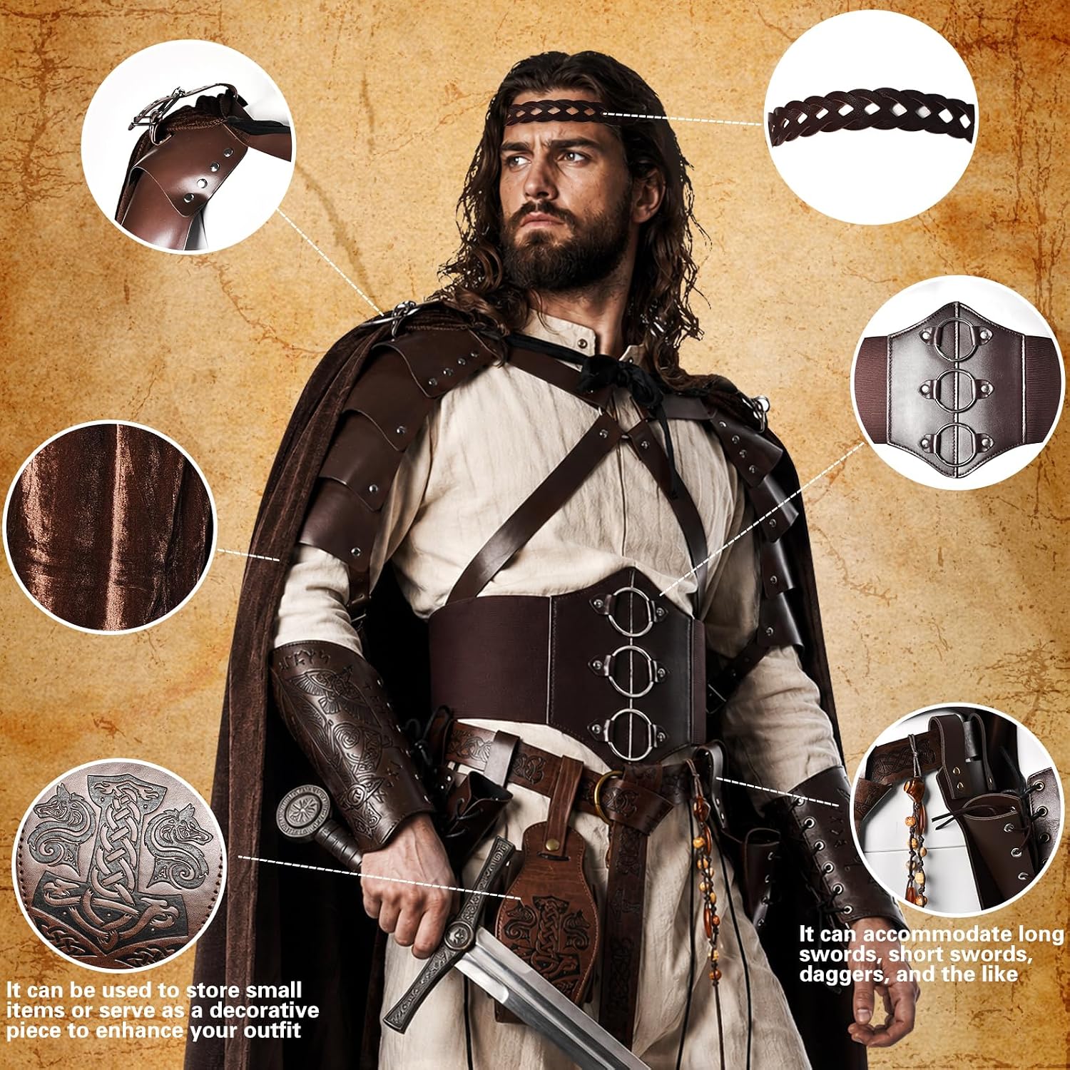 11Pcs Men's Renaissance Costume Set-Medieval Pirate Viking Costume-Belt Shoulder Armor Bag Cosplay Halloween