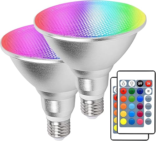 Paquete de 2 focos RGB PAR38 para exteriores con control remoto, 30 W  90 W, bombillas LED impermeables que cambian de color, blanco cálido de 3000