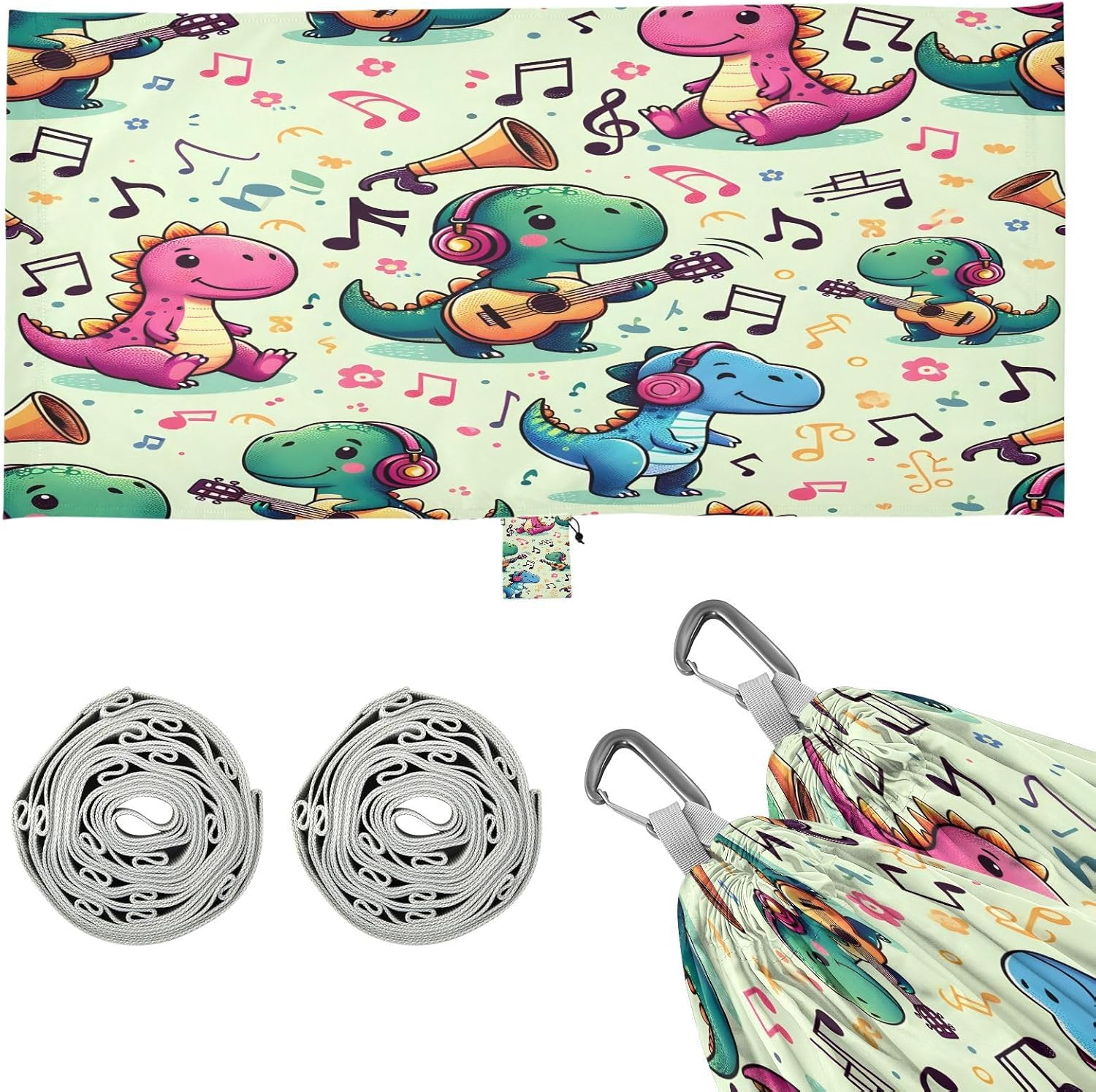 ALAZA Dinosaur Dino Music Camping Hammocks Single or 2 Person 500 lbs Portable Parachute Travel Hammock w/Tree Straps for Hiking Backpacking Indoor Outdoor