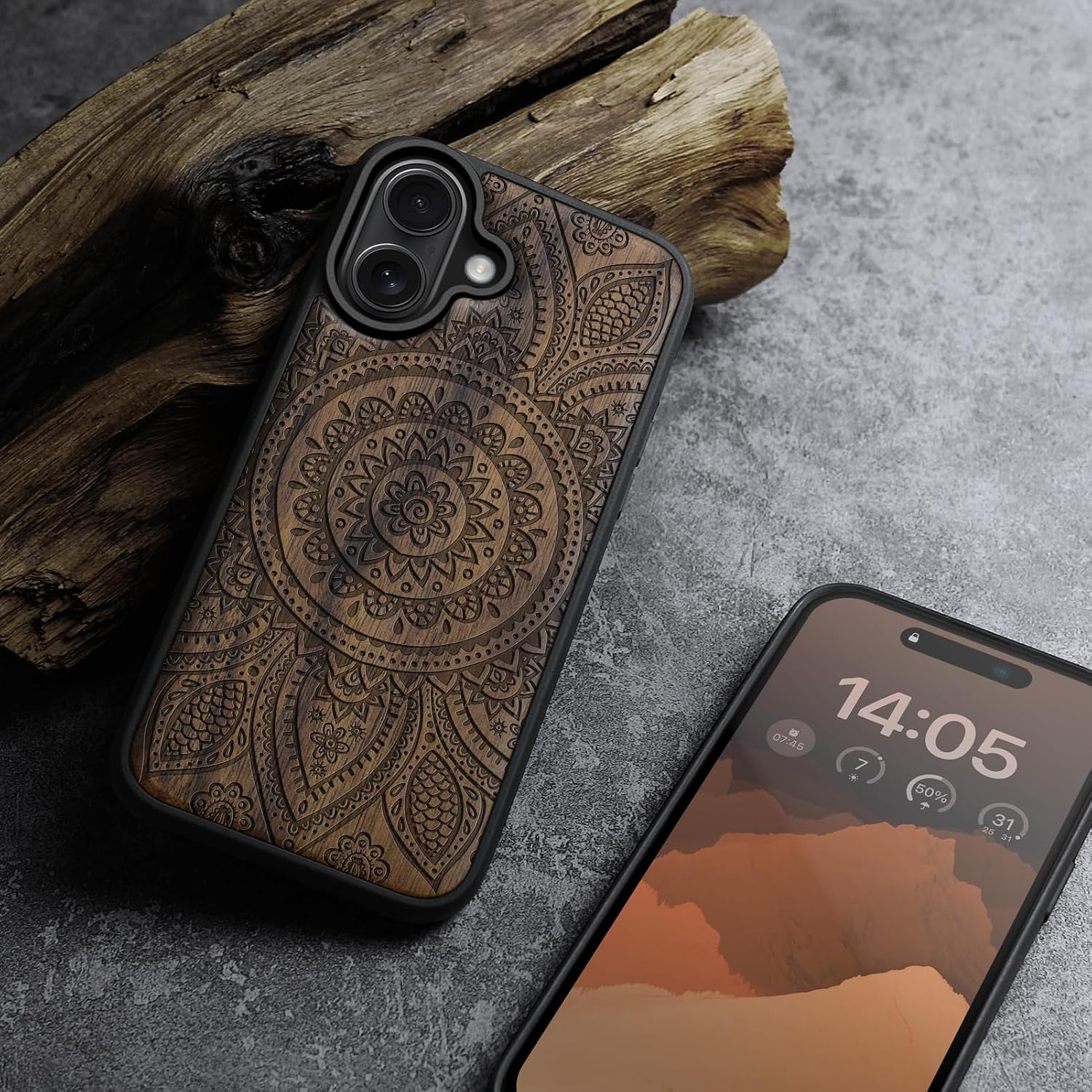 Carveit Magnetic Wooden Case for iPhone 16 Case, Wood Artisan Engraved & Black Soft TPU Shockproof Cover, Compatible with MagSafe Wireless Chargers (Indian Floral Mandala) Walnut