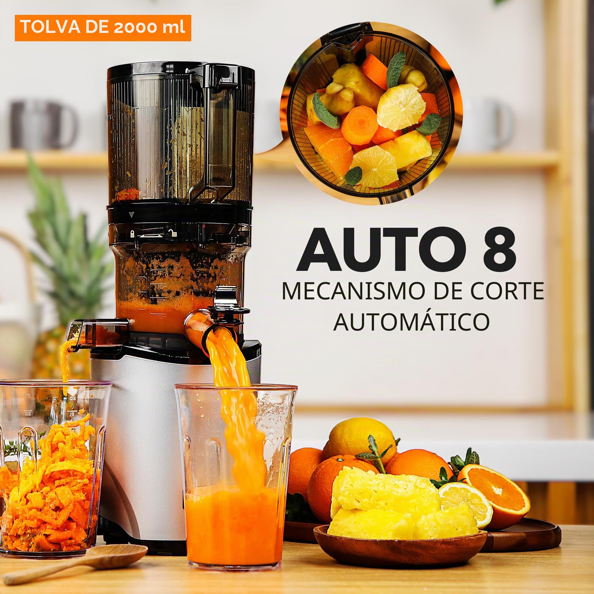 Kuvings Extractor AUTO8, exprimidor y licuadora - Lenta y fácil de limpiar, capacidad 2L, motor de 200 W ideal para frutas, verduras y smoothies.(Negro)_KHS-860SE