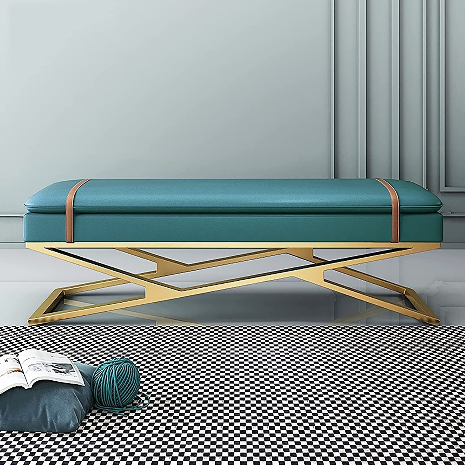 Banc d'entrée bleu-vert 60 cm en cuir avec assise en V et rembourrage moelleux