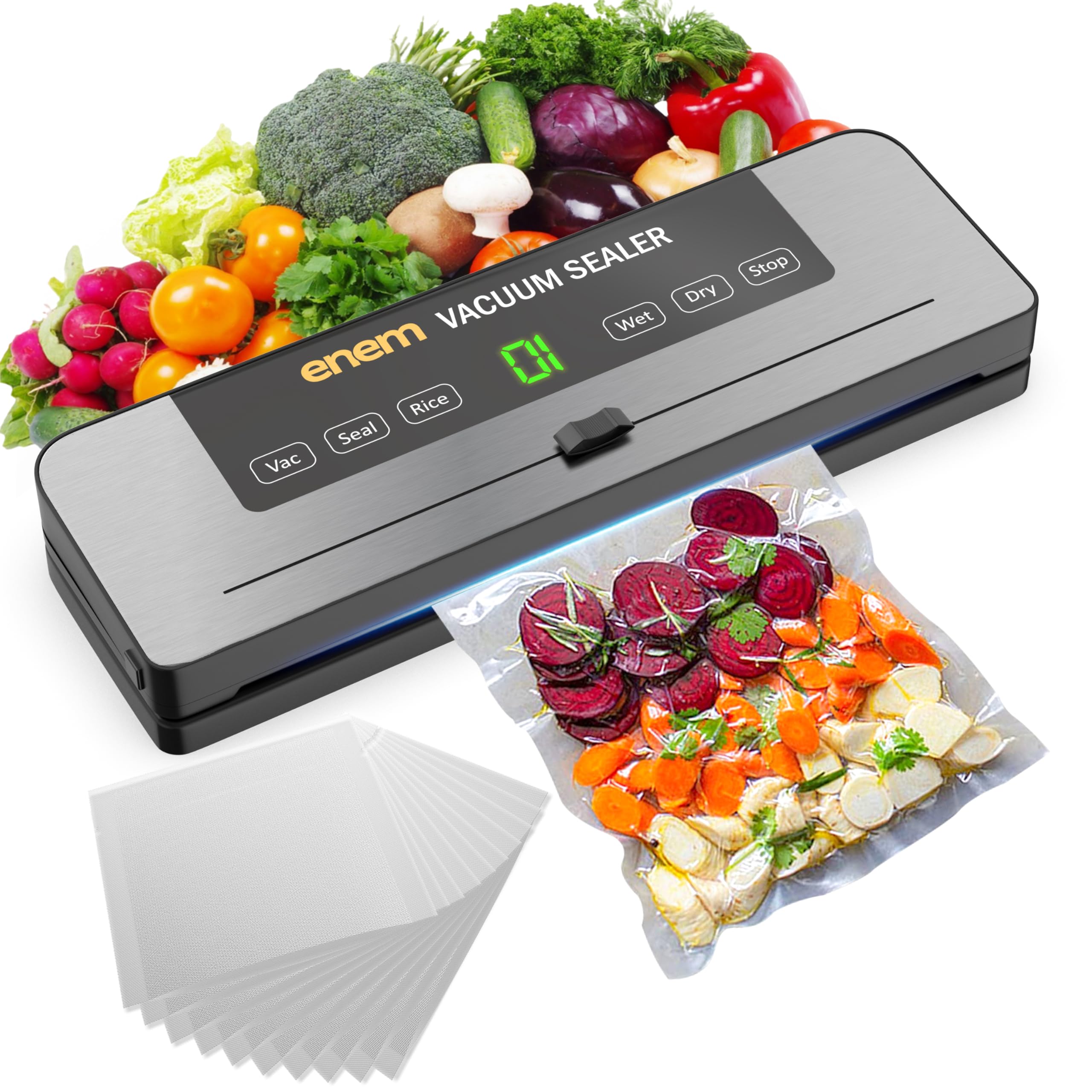 ENEM Vacuum Sealer Machine for Packing with Cutter, Sealing Machine for Food Packets, 60kpa Automatic Dry & Wet Air Packet Sealer Machine,1 Year Warranty from enem, With Free 10 Vacuum Pouches
