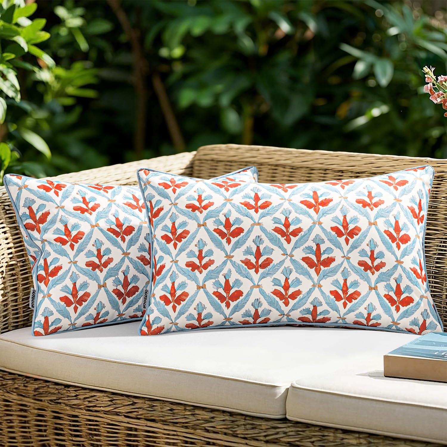 MIULEE Outdoor Floral Pillow Covers Waterproof 12x20 Blue-Rust