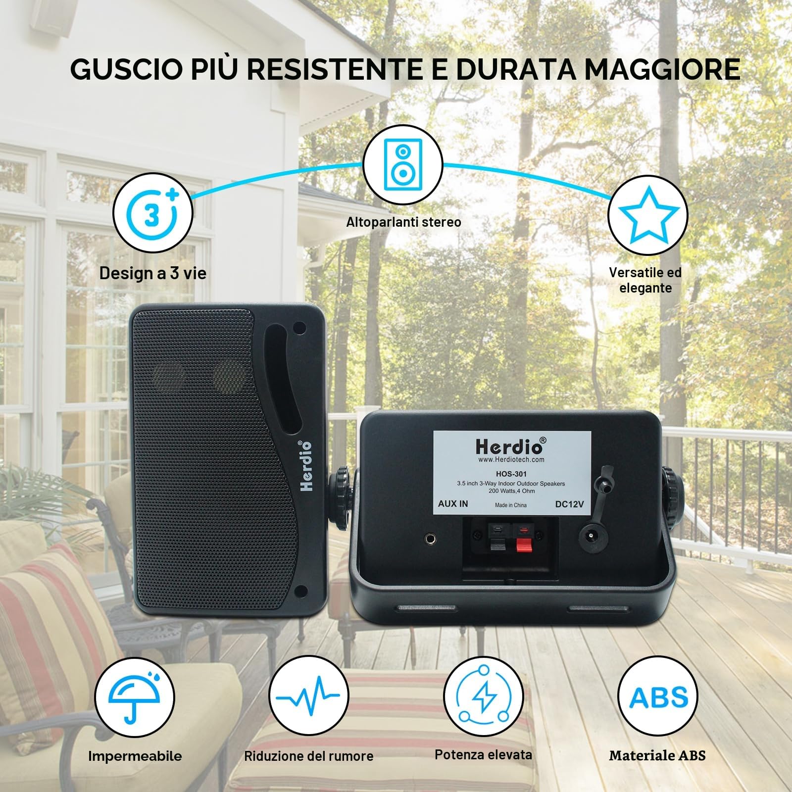 Herdio 3,5 Pollice Bluetooth Altoparlanti da esterno 200Watt Diffusori da Esterno Casse per Esterno Per Esterno cablato,All-Weather Durability, per Patio Marine Boat Garage Indoor (Coppia，Nero)