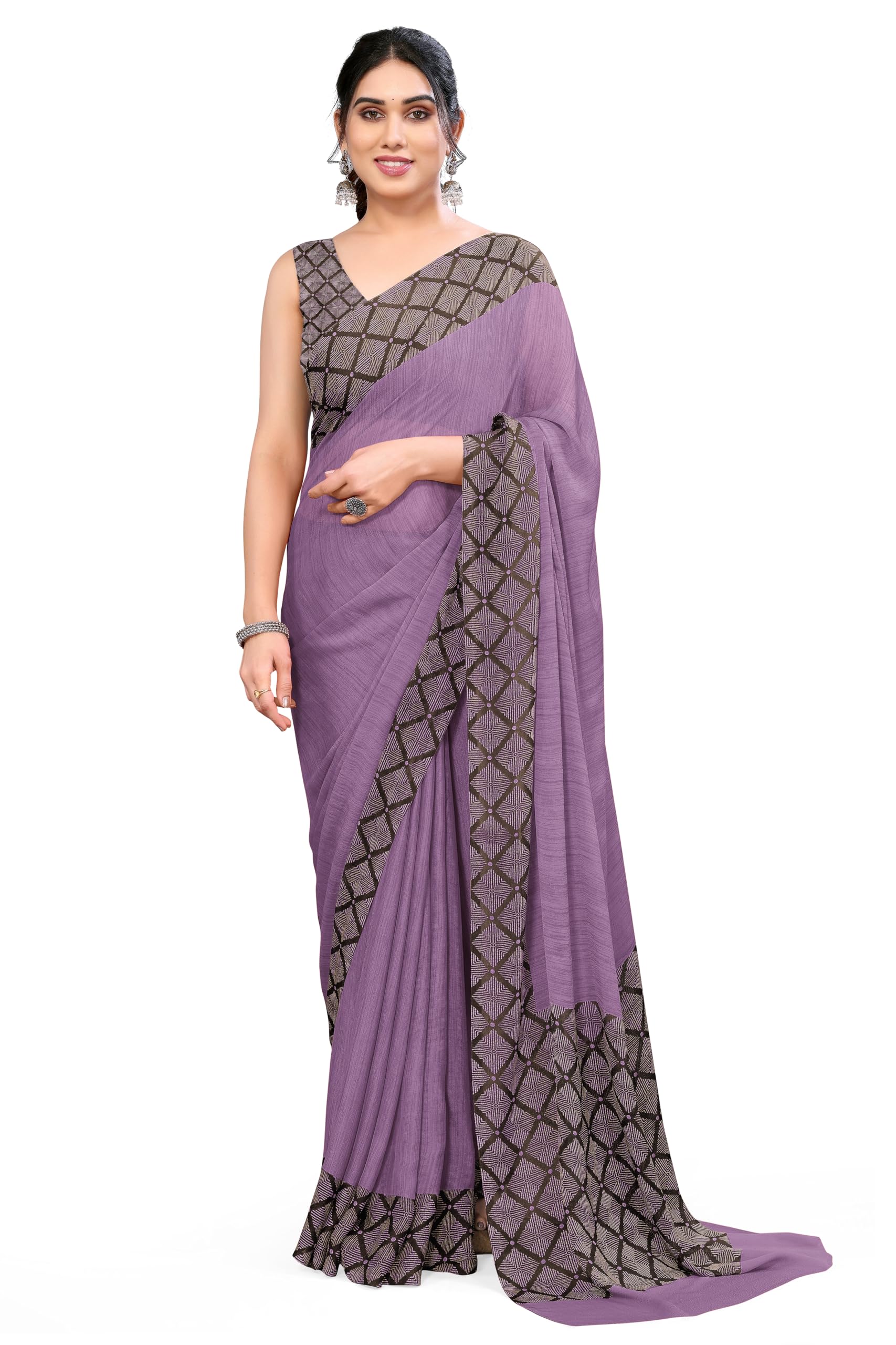 MIRCHI FASHIONWomen's Chiffon Ajrakh Border Pallu Pririnted Solid Saree with Blouse Piece