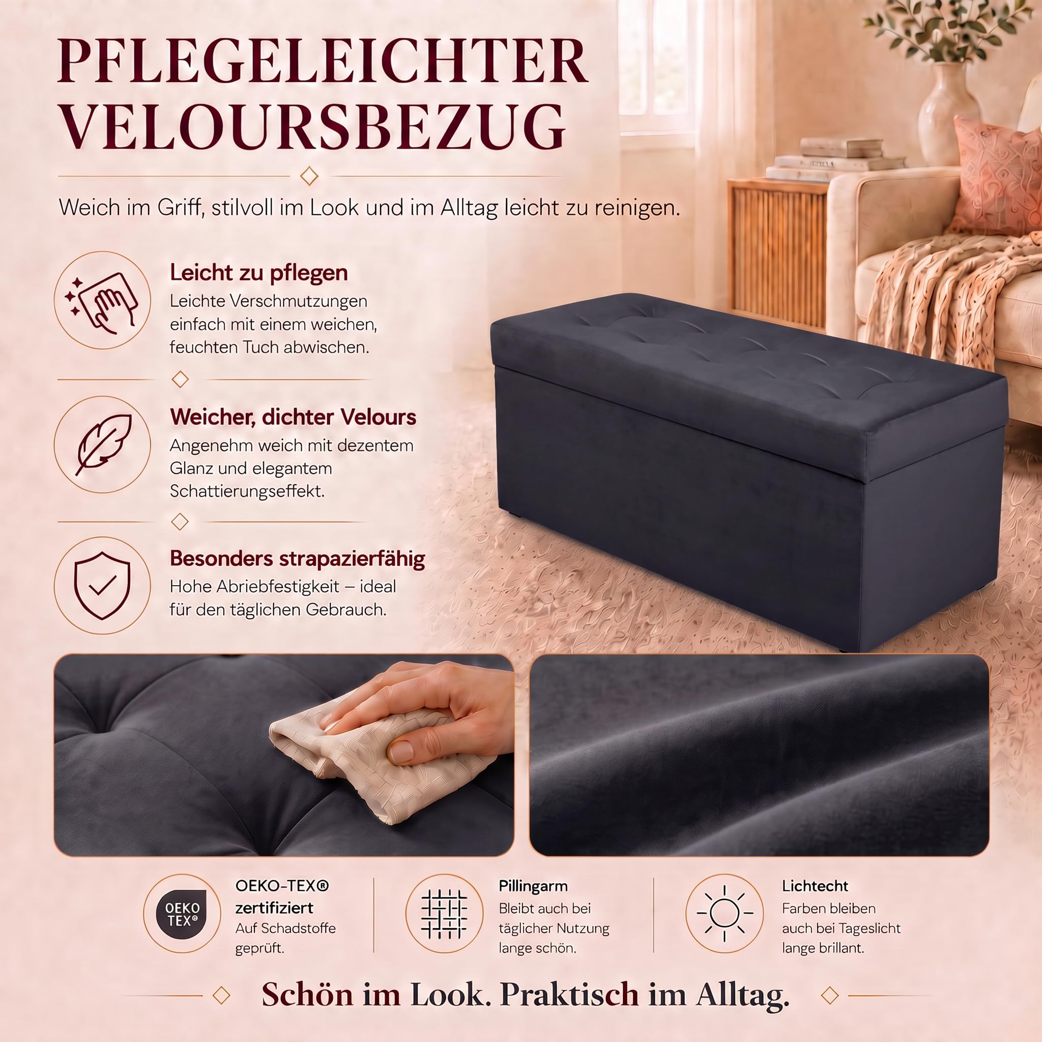 VELORA H&L Sitzbank mit Stauraum 45 x 90 cm Graphit – Samt Sitzbank mit Aufbewahrungsfach, belastbar bis 300 kg, gepolsterte Bank für Flur, Schlafzimmer und Wohnzimmer