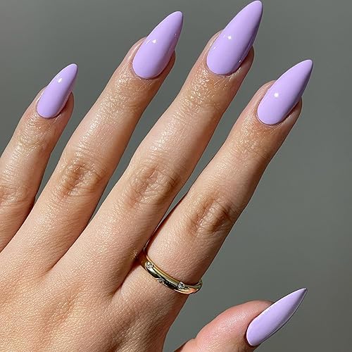 Miniatura 3 de Uñas con forma de almendra color morado claro, uñas a presión, uñas KXAMELIE con pegamento para mujeres, uñas acrílicas a presión de longitud media,