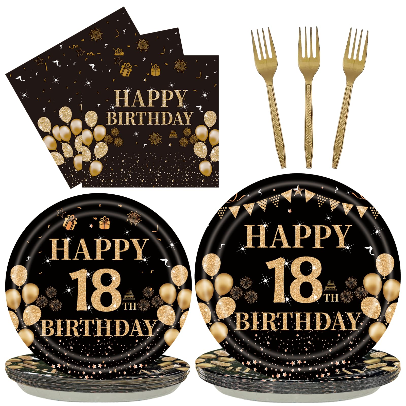 EMrups 96PCS 18th Birthday Party Plates Set Black and Gold Theme Decorations Include Black Gold Plates and Napkins Forks for 18 Year Old Boys Girls