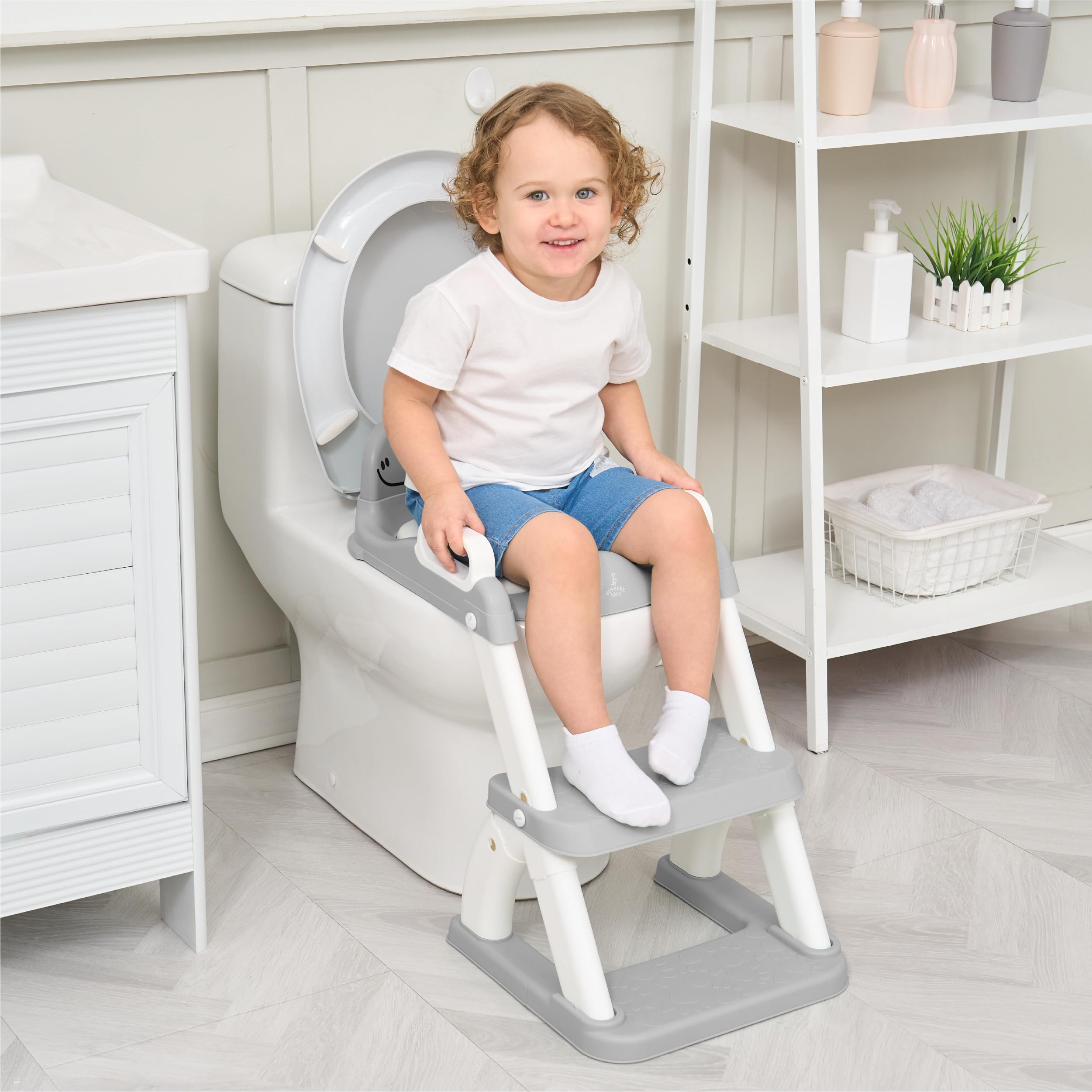 Toilettensitz Kinder mit Treppe – Höhenverstellbarer Kinder Toilettensitz mit Trittstufe & Rückenlehne – WC Sitz Kinder, Toilettentrainer, Klositz & Aufsatz Toilette Kleinkind