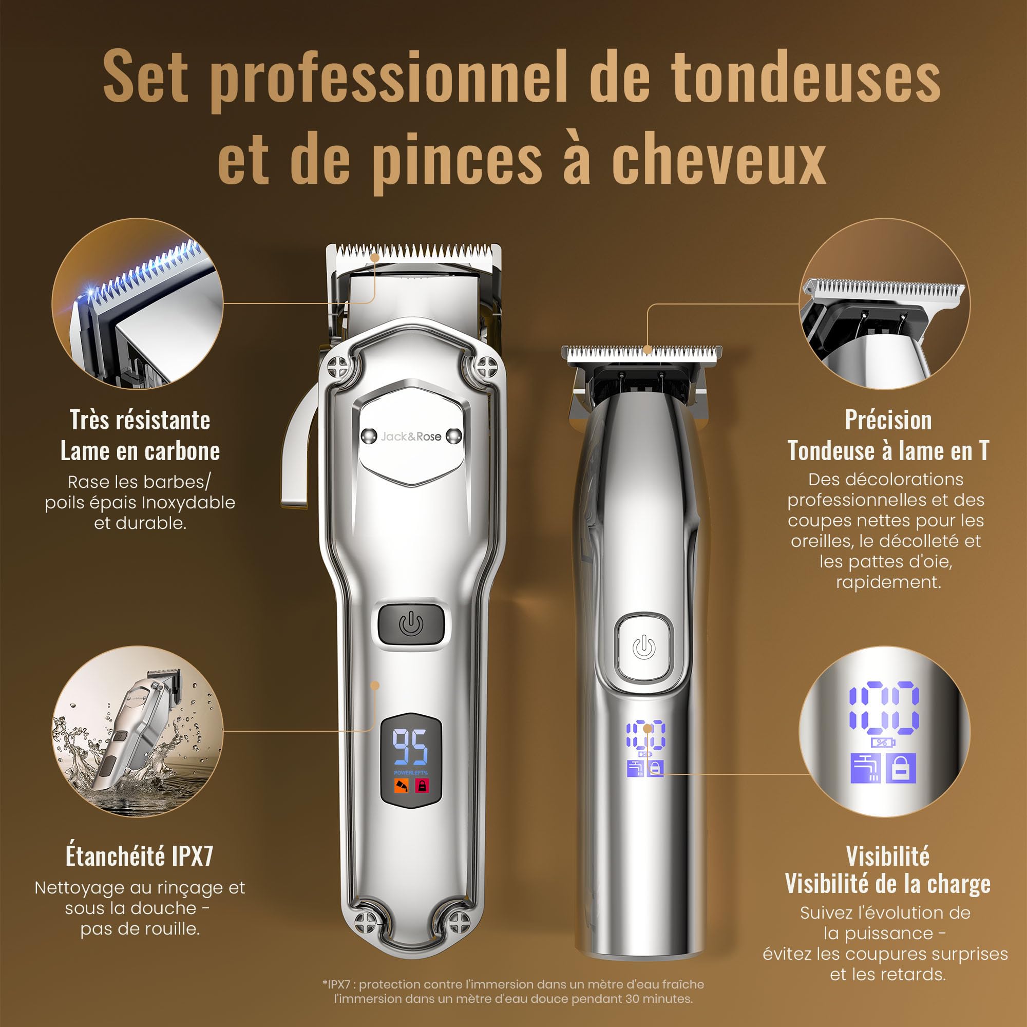 Tondeuse à cheveux professionnelle & T-lames Trimmer Set pour hommes, Tondeuse cheveux, Tondeuse à barbe, Tondeuse à cheveux électrique IPX7 étanche à l'eau