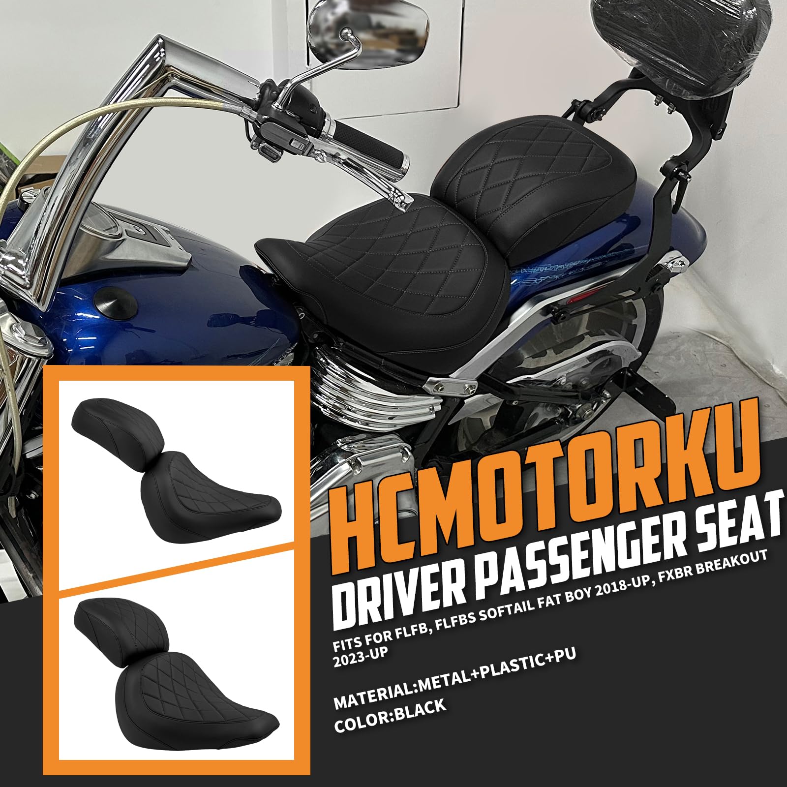 Siège passager avant conducteur et passager pour Harley Softail Fat Boy FLFB Fatboy FLFBS 114 2018 et plus récent FXBR FXBRS à partir de 2023 (coutures noires)