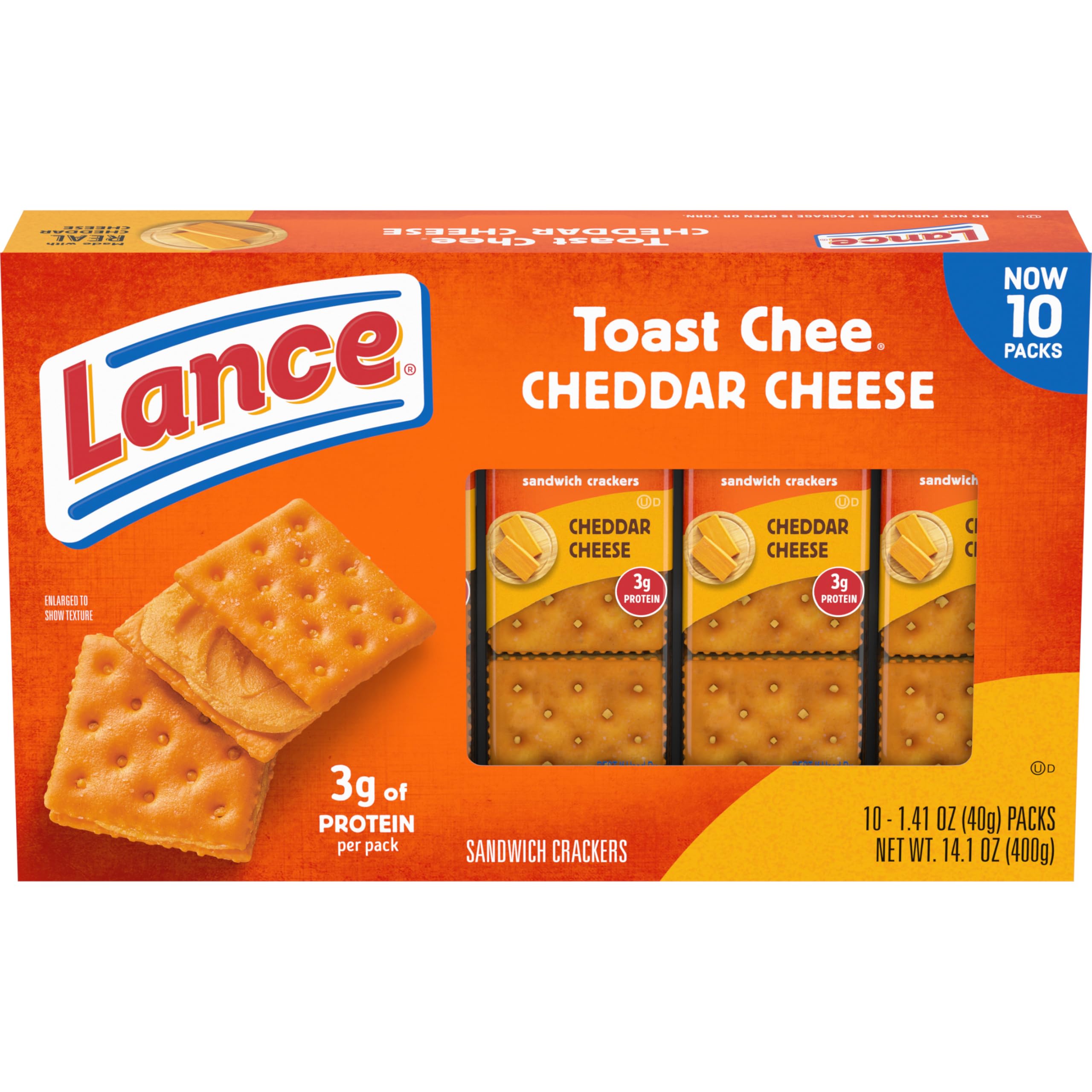 Lance Sandwich Crackers, ToastChee Cheddar, 10 Individually Wrapped Packs, 6 Sandwiches Each