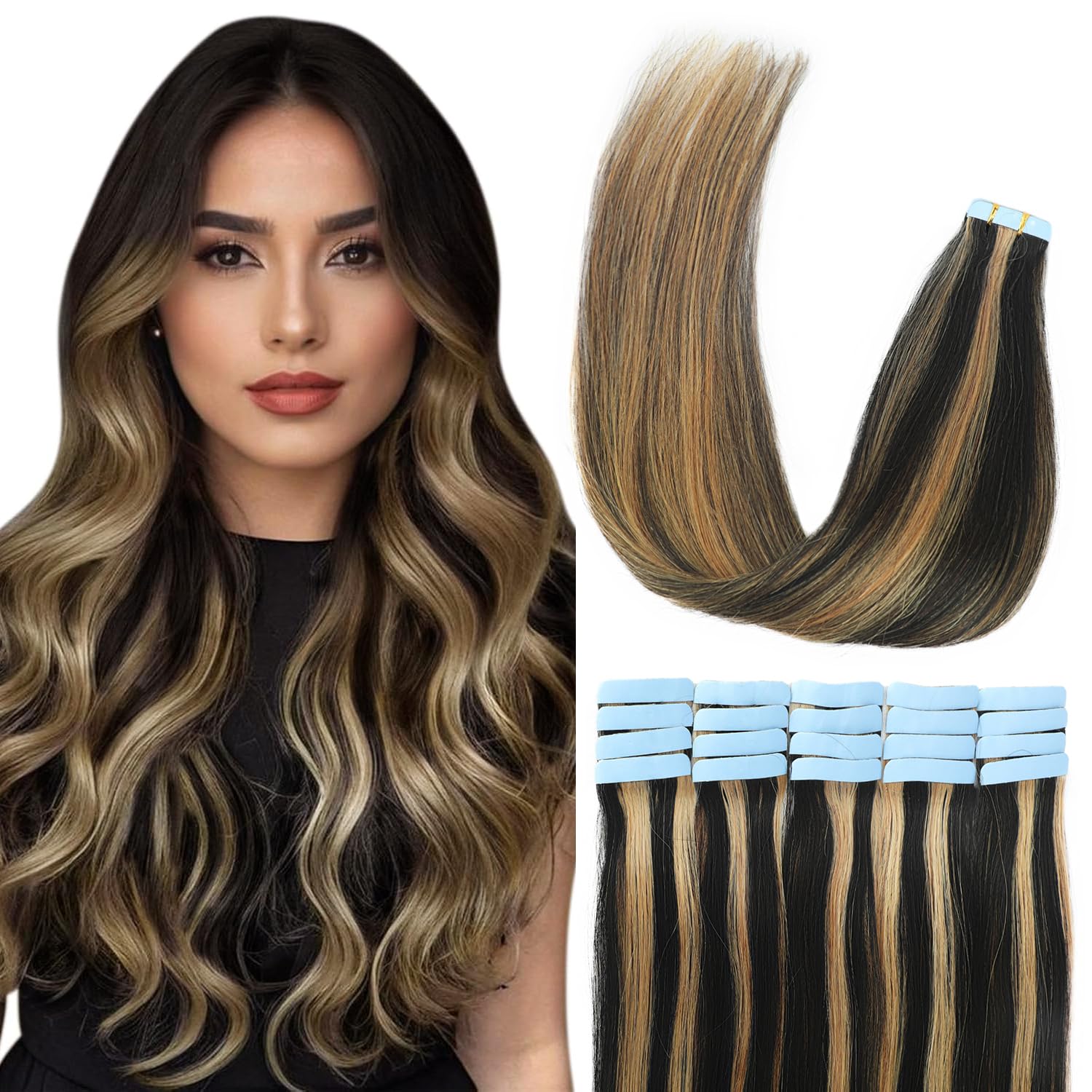 Tape in Hair Extensions Straight 1b/613 Highlight Black to Blonde Thick Remy Tape in Hair Extensions Human Hair 100% Real Human Hair 20pcs 20 inch
