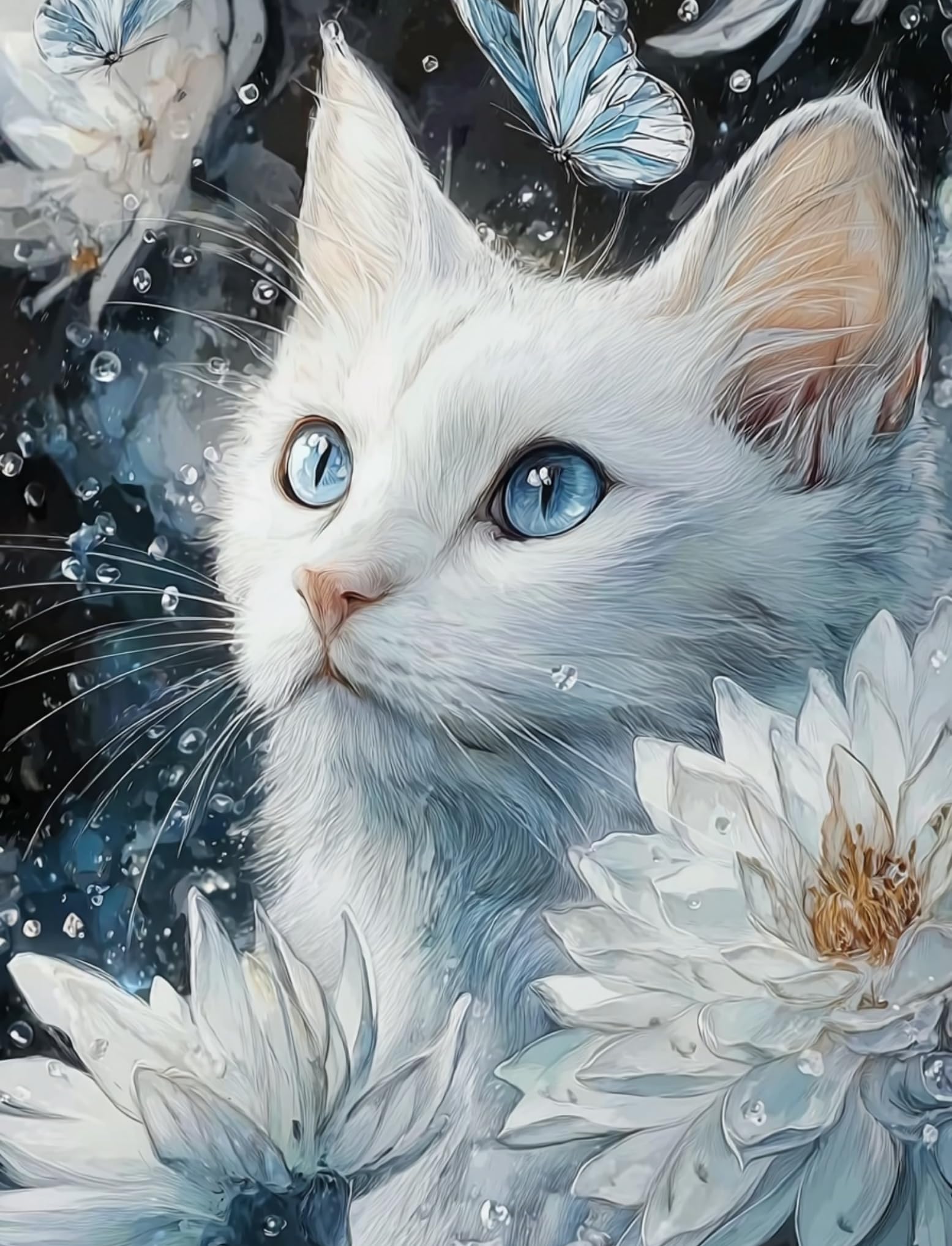 WANGWANGMIAO Paint by Numbers-White Cat Butterfly Flowers DIY Canvas Oil Painting Kit for Adults Beginner with Paint Brushes and Acrylic Pigment,16X20 Inch，with Frame