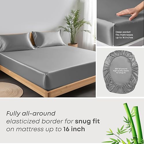 Miniatura 10 de Linenwalas Juego de sábanas de bambú 100% refrescantes, 4 piezas, tamaño matrimonial, sábanas suaves de 1800 hilos, bolsillo profundo de 16
