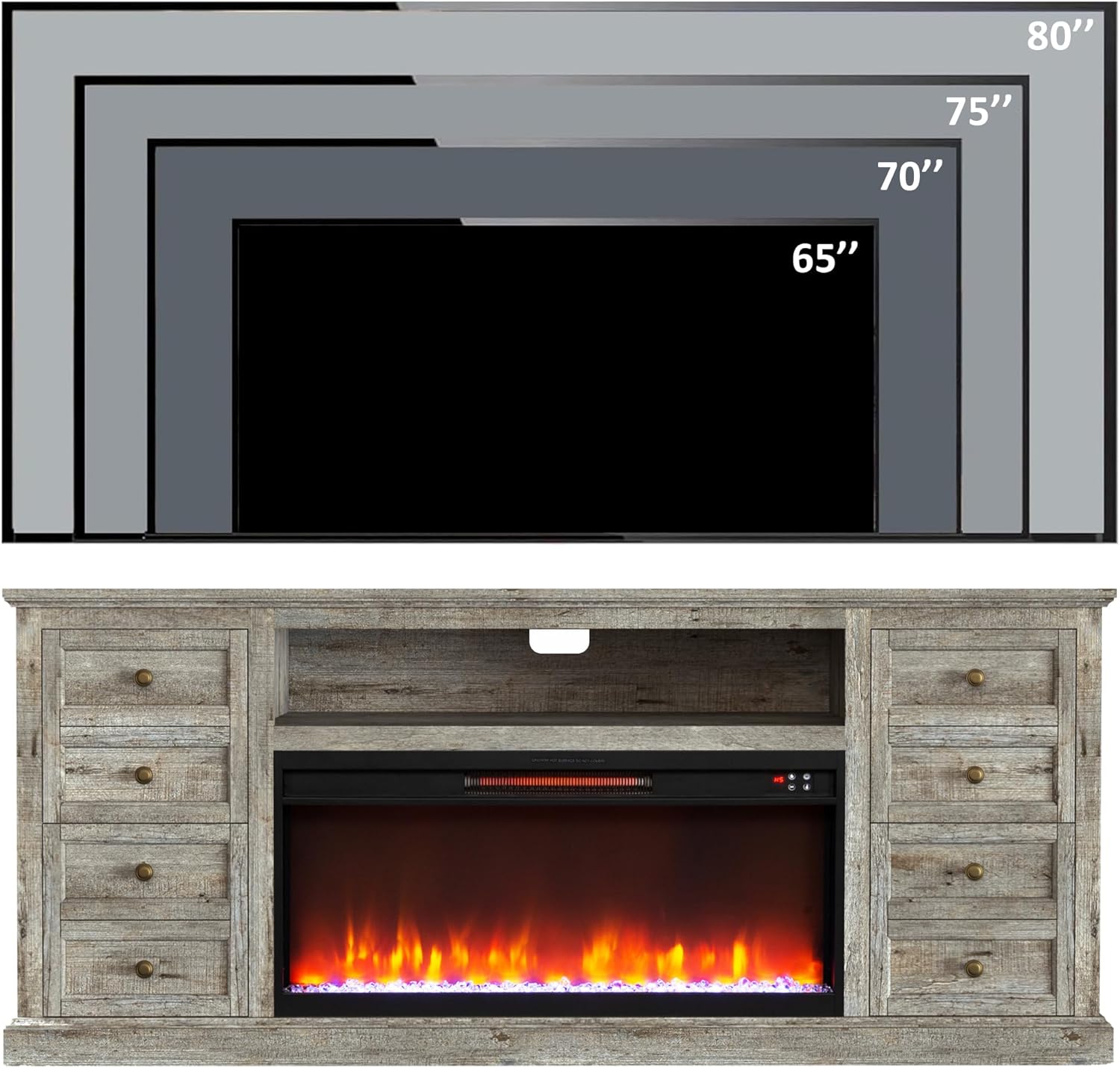 TV size compatibility for the Unineo Fireplace TV Stand, showing up to 80 inches