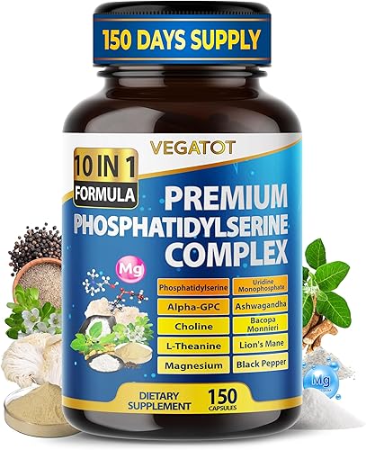 VEGATOT Fórmula 10 en 1 de complejo orgánico de fosfatidilserina premium con alfa-GPC, uridina, colina, ashwagandha y melena de león - Apoya la
