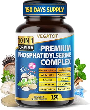 VEGATOT Premium Organic Phosphatidylserine Complex 10-in-1 Formula with Alpha-GPC, Uridine, Choline, Ashwagandha & Lions Mane Supports Memory, Focus & Clarity 150 Capsules