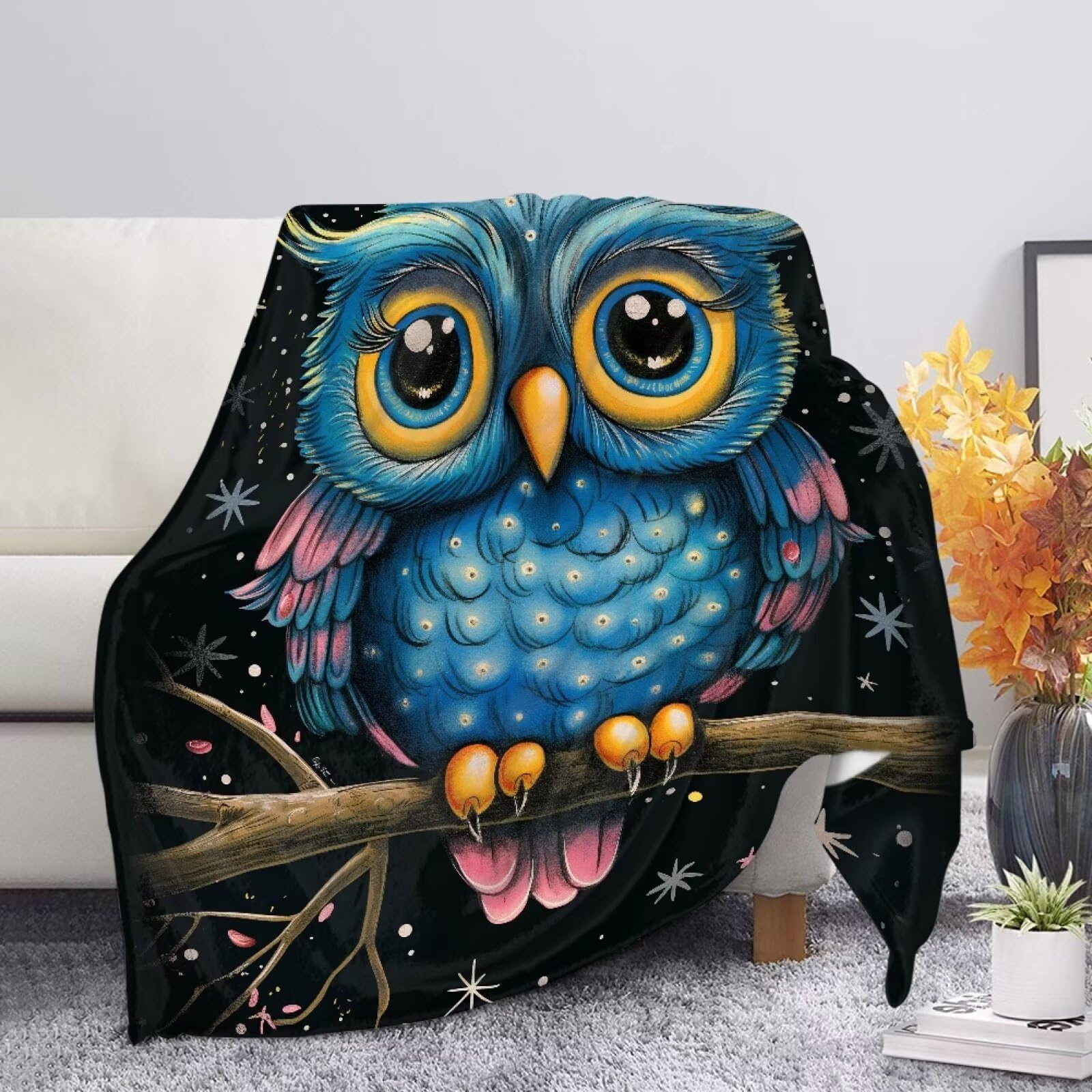Allcute Cute Owl Throw Blanket for Couch Sofa Throws Fluffy Soft Winter Fall Blanket Home Decor Living Room Small Black Throw Blankets