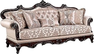 Benzara Vera 90 Inch Sofa- Button Tufted- Rolled Arms- Cherry Brown Solid Wood
