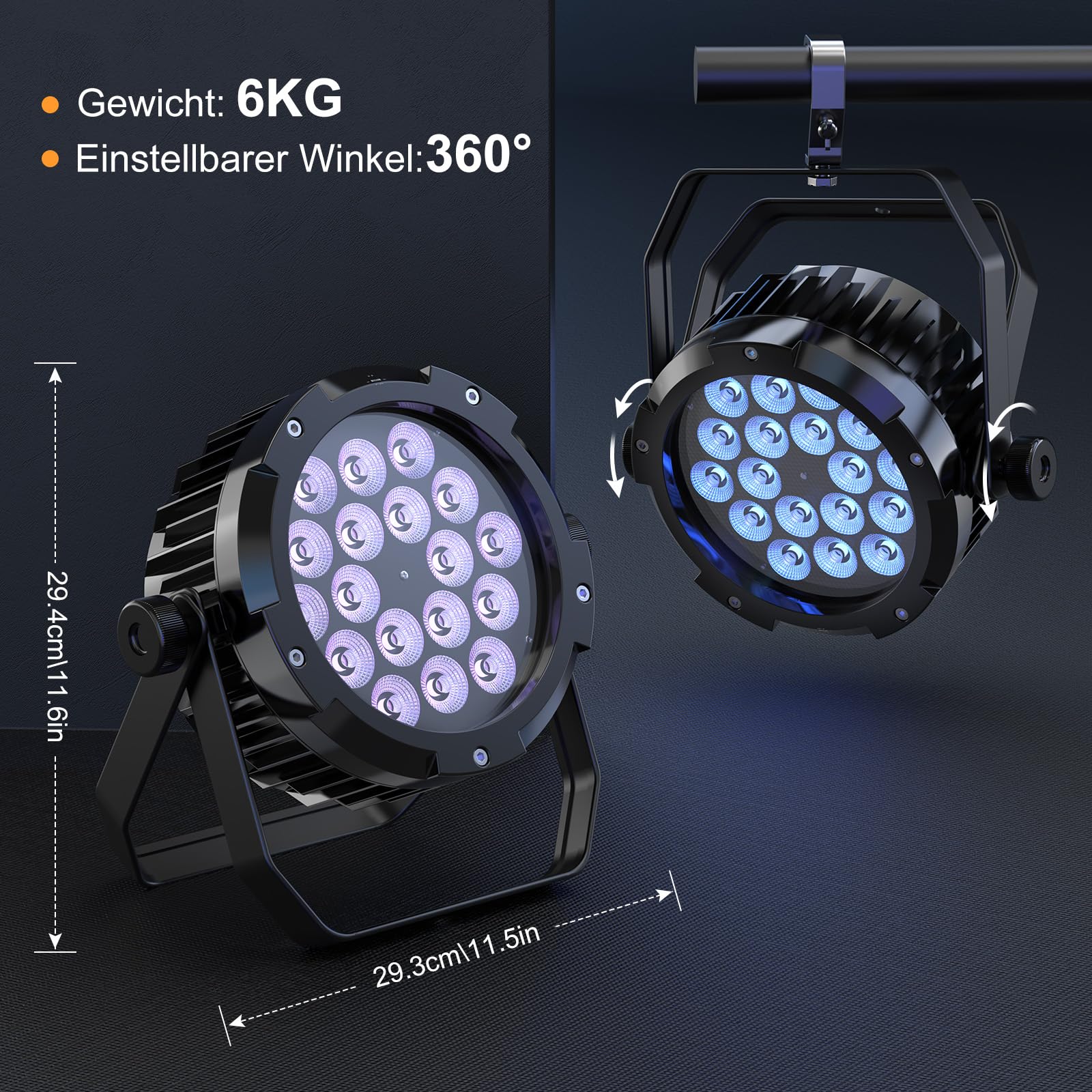 Impermeabile Par LED RGBWA+UV 6 in 1, 18 LED Luce di Scena con DMX-6/10CH y Efectos Estroboscópica, Illuminazione Palco per Discoteche, Matrimoni, Bar, Spettacoli, Piscina