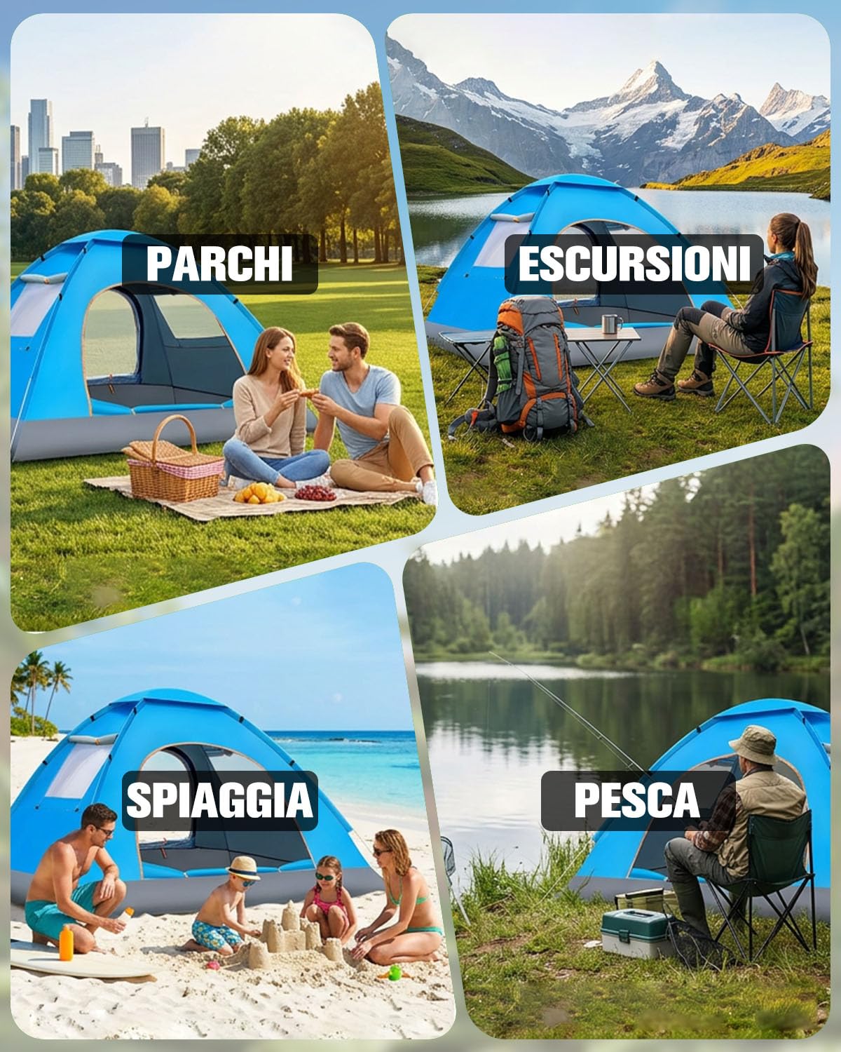 Tenda da Campeggio 2 Persone Pop Up Pieghevole, Tenda Impermeabile Leggera con Doppia Porta e Doppie Finestre, Protezione dal Sole, per Trekking, Escursionismo, Spiaggia e Outdoor