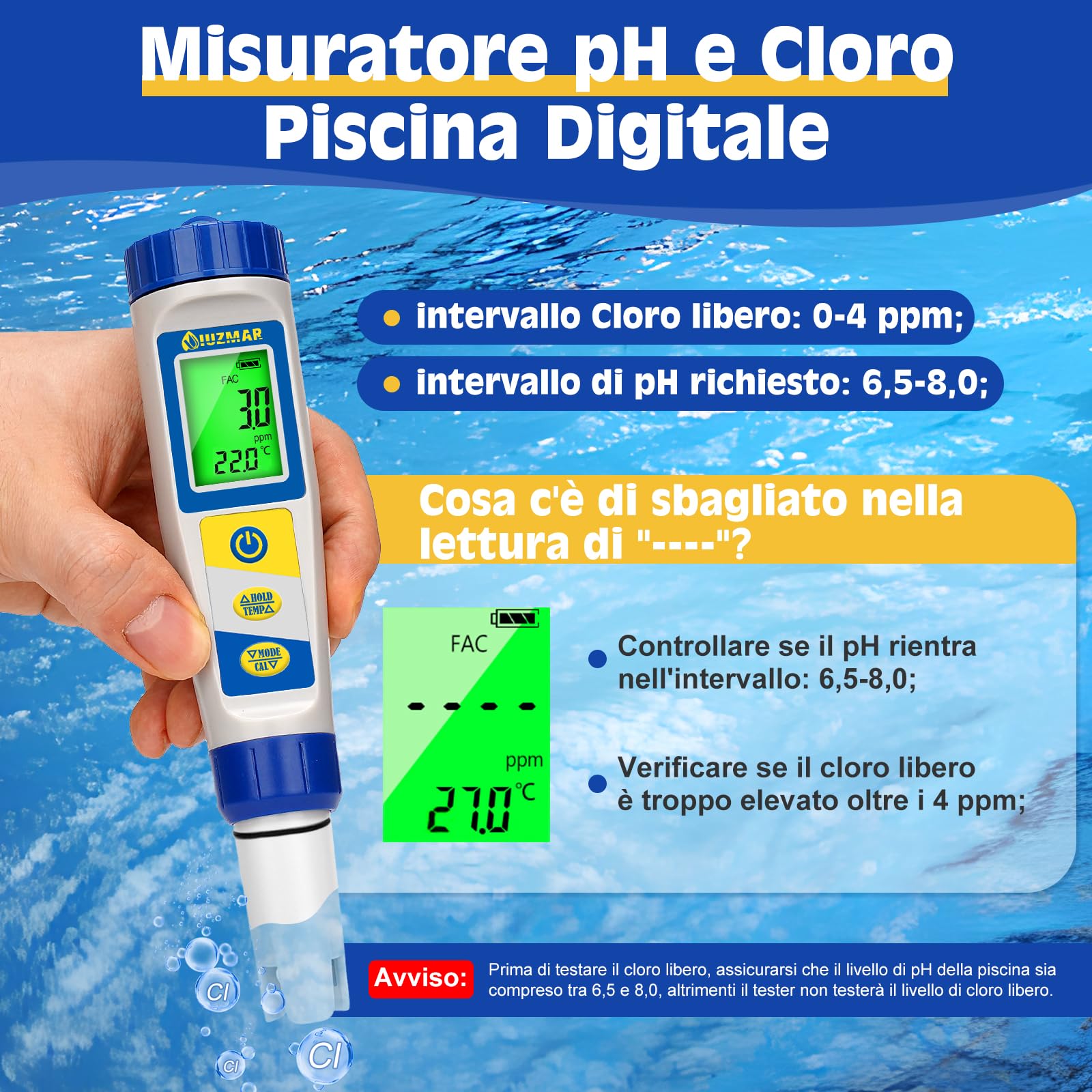 UIUZMAR Misuratore Cloro e Sale per Piscina, Tester Piscina pH e Cloro Digitale, Misuratore Multifunzionale di pH, EC, ORP e TDS Salinità Cloro Residuo per Piscine di Acqua Salata, Acquari, Idroponica