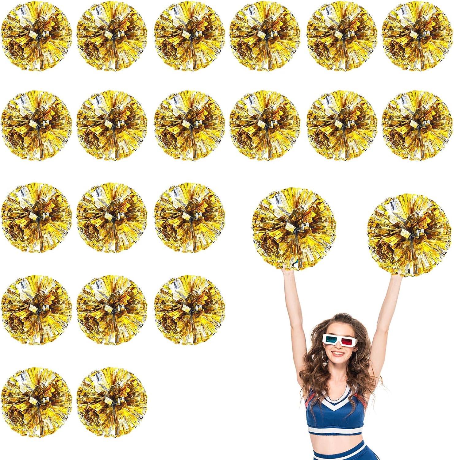 20 PCS Metallic Cheerleading Pom Pom for Team Spirit Sports Dance Cheering Kids Adults-Ring Style (Gold and Silver)