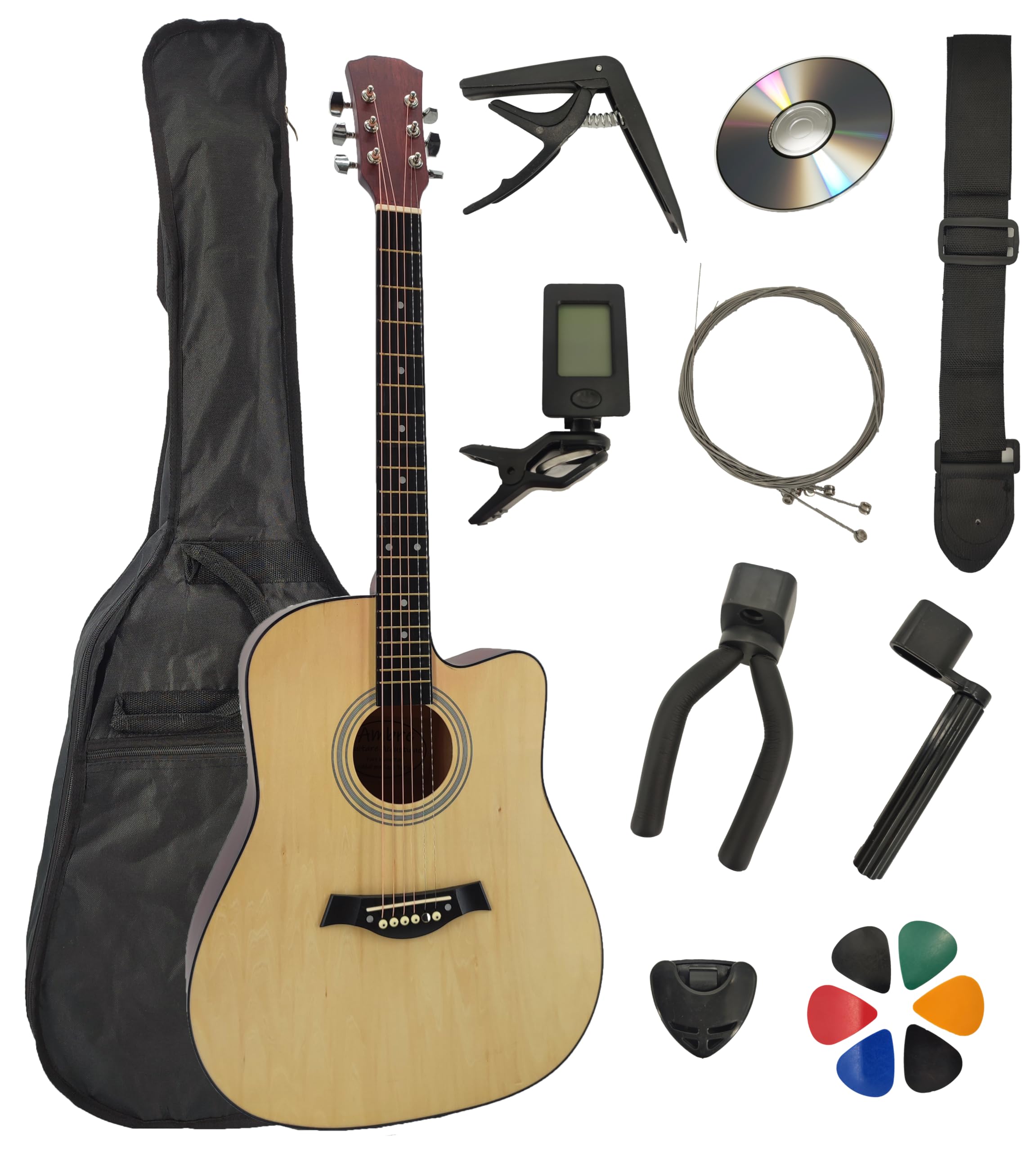 Guitare Acoustique Folk 4/4 Adulte 41 Pouces + 9 Accessoires + Cour Vidéo et CD (Naturel)