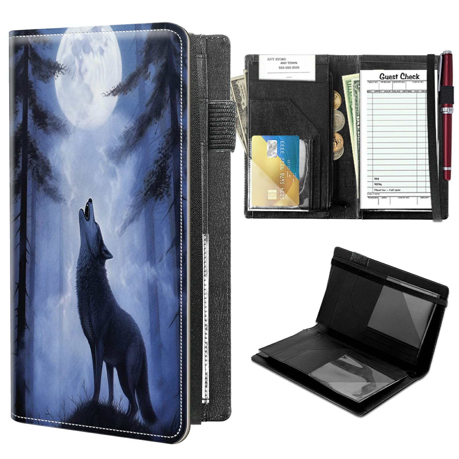 High Volume Server Books, Full Moon Wolf Night Server Book w/ 2 Expandable Pockets 9 x 5 Cute Waitress Book Zipper Pocket & Strap Closure Waitstaff Organizer Server Booklet Waiter Money Wallet