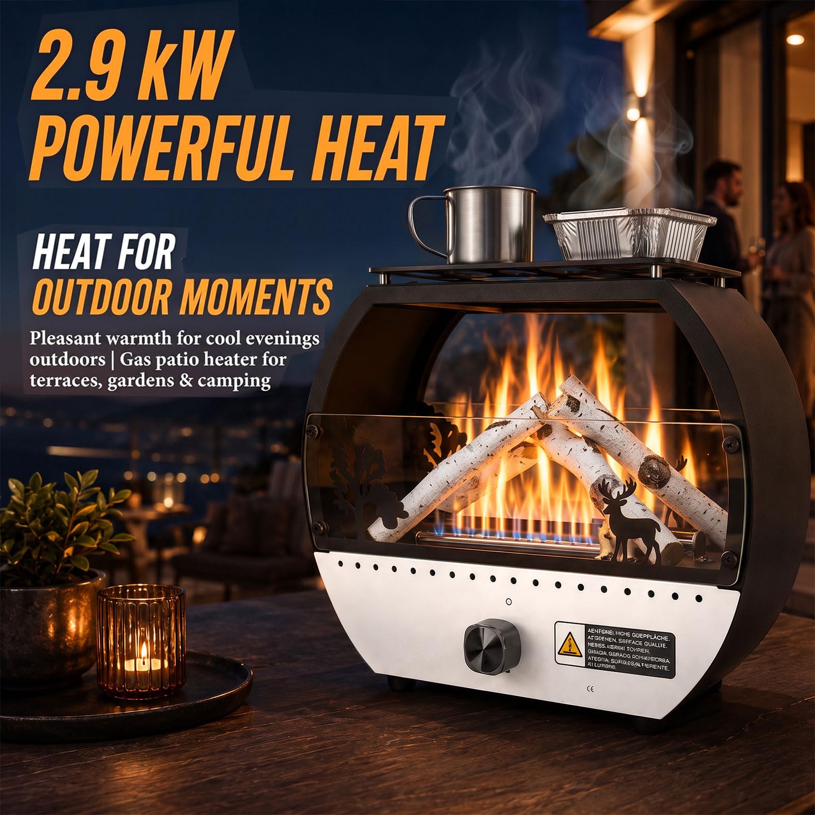 GFTIME Tragbare Gasheizung 10000 BTU, Outdoor Camping Heizer mit dekorativem Flammeneffekt, Gas Feuerstelle mit Grillplatte, Kippschutz & Flammenschutz, für 1 lb und 20 lb Gasflaschen, Schwarz